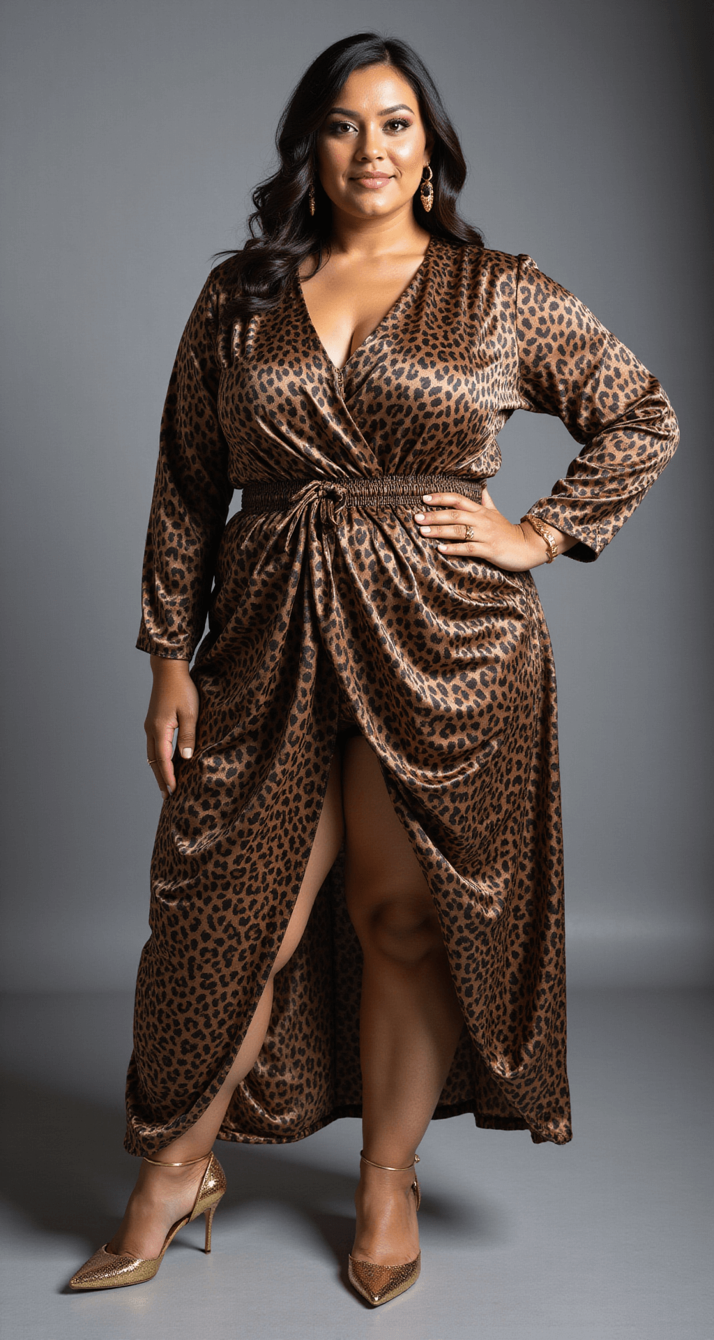 The Ultimate Guide to Rocking a Cheetah Halloween Costume (That Actually Looks Good!) A plus-size model poses confidently in a luxe cheetah print outfit with ruching and flowing fabric, accessorized with gold-toned jewelry, against a textured grey backdrop. The studio lighting enhances the polished yet natural hair and makeup, with a shallow depth of field focusing on the costume details.