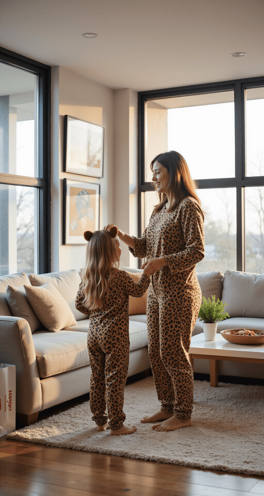The Ultimate Guide to Rocking a Cheetah Halloween Costume (That Actually Looks Good!) A modern family living room bathed in warm afternoon light, featuring large windows and contemporary furniture. A mother and daughter are playfully trying on matching cheetah costumes, surrounded by shopping bags from Target, capturing a cozy and candid lifestyle moment from a slightly elevated angle.