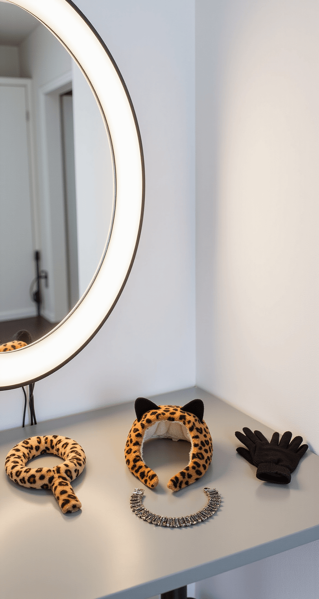 The Ultimate Guide to Rocking a Cheetah Halloween Costume (That Actually Looks Good!) Close-up of cheetah costume accessories including velvet ears, matching gloves, tail attachment, and a statement necklace, arranged professionally in a minimalist dressing room with white walls and soft lighting.