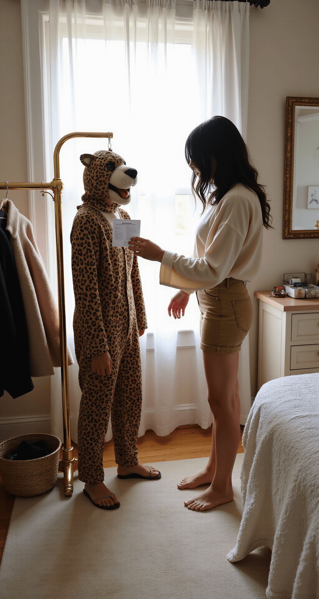 The Ultimate Guide to Rocking a Cheetah Halloween Costume (That Actually Looks Good!) A vintage-inspired bedroom featuring a vanity setup, with a fashion blogger hanging a premium cheetah costume on a brass clothing rack, illuminated by soft window light highlighting the care instructions tag, and laundry accessories thoughtfully arranged.