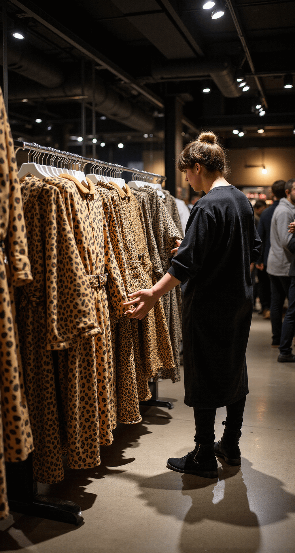 The Ultimate Guide to Rocking a Cheetah Halloween Costume (That Actually Looks Good!) Upscale boutique interior featuring Halloween displays, with a customer browsing a rack of designer cheetah costumes. Dramatic spotlighting casts shadows, creating an editorial-style shopping atmosphere highlighted by leading lines.