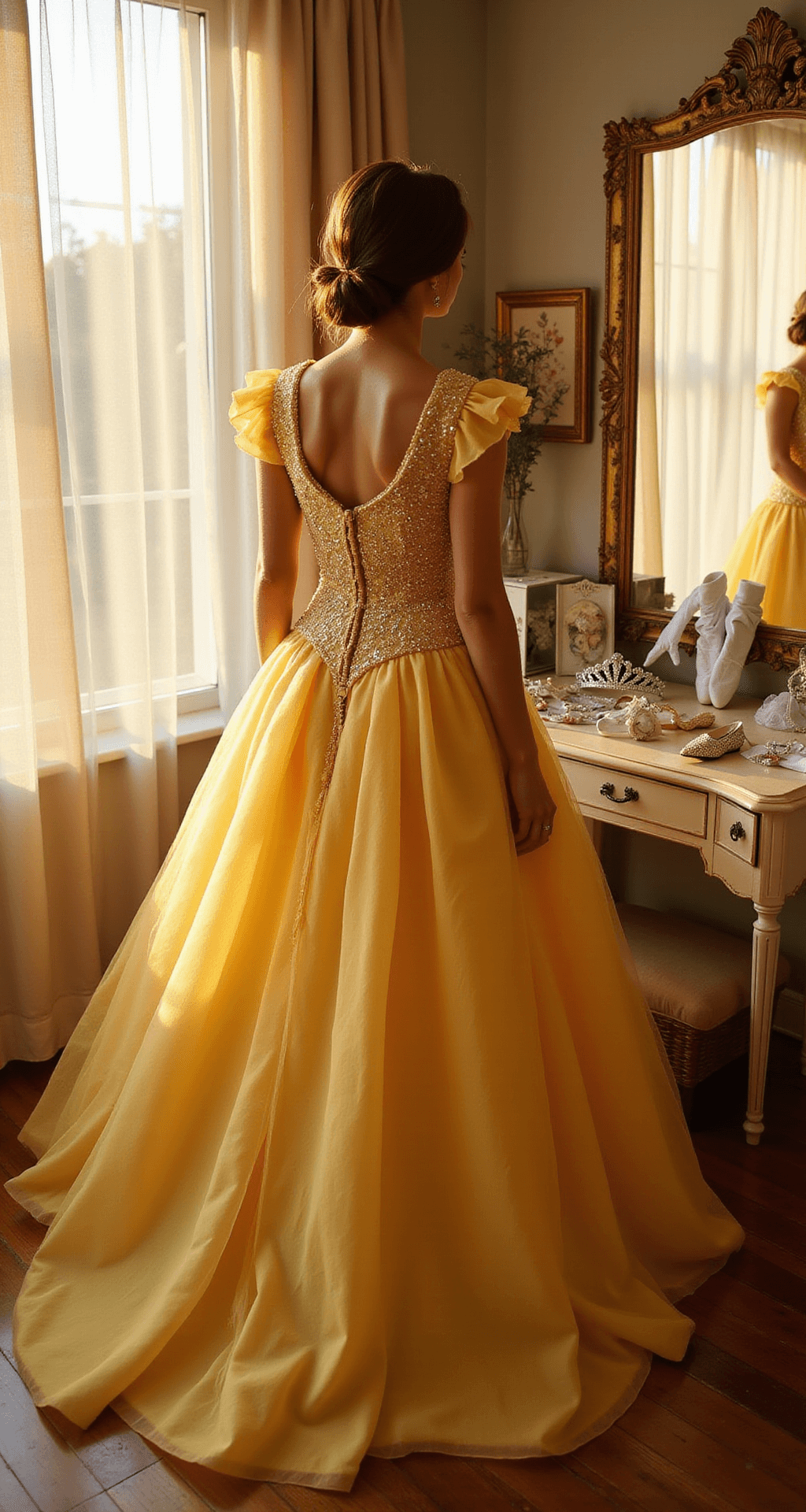 The Ultimate Princess Halloween Costumes: Feel Like Royalty This Year! A young woman in a Belle-inspired yellow ball gown stands in a sunlit boutique dressing room, surrounded by floor-to-ceiling mirrors. Golden hour light filters through gauzy curtains, illuminating the gown's beadwork and tulle layers. Princess costume accessories, including a tiara, white gloves, and crystal-studded shoes, adorn a vintage vanity nearby, all captured with a soft focus effect.