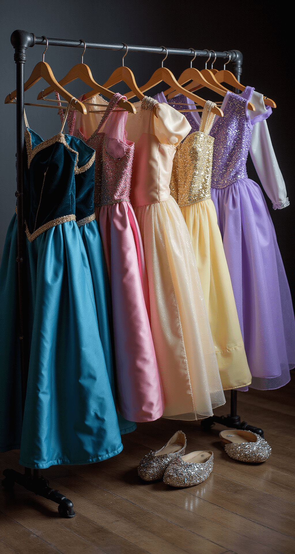 The Ultimate Princess Halloween Costumes: Feel Like Royalty This Year! A professional costume studio displays a rack of premium princess gowns in rich fabrics like velvet and satin, illuminated by dramatic side lighting. The gowns in jewel tones and pastels include intricate hand-sewn embellishments, alongside crystalline tiaras and designer shoes, captured in high detail.