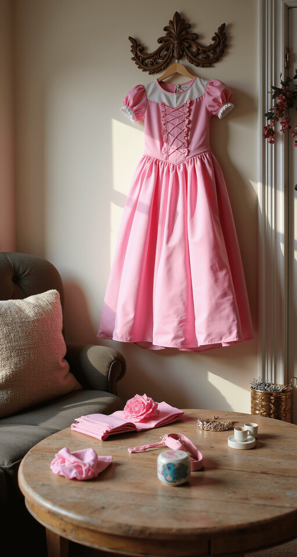 The Ultimate Princess Halloween Costumes: Feel Like Royalty This Year! A cozy living room corner illuminated by warm afternoon light, featuring a pink Aurora-inspired dress hanging from a decorative hook, with budget-friendly accessories artistically arranged on a rustic wooden table, displaying creative DIY elements and smart styling solutions in a documentary style.