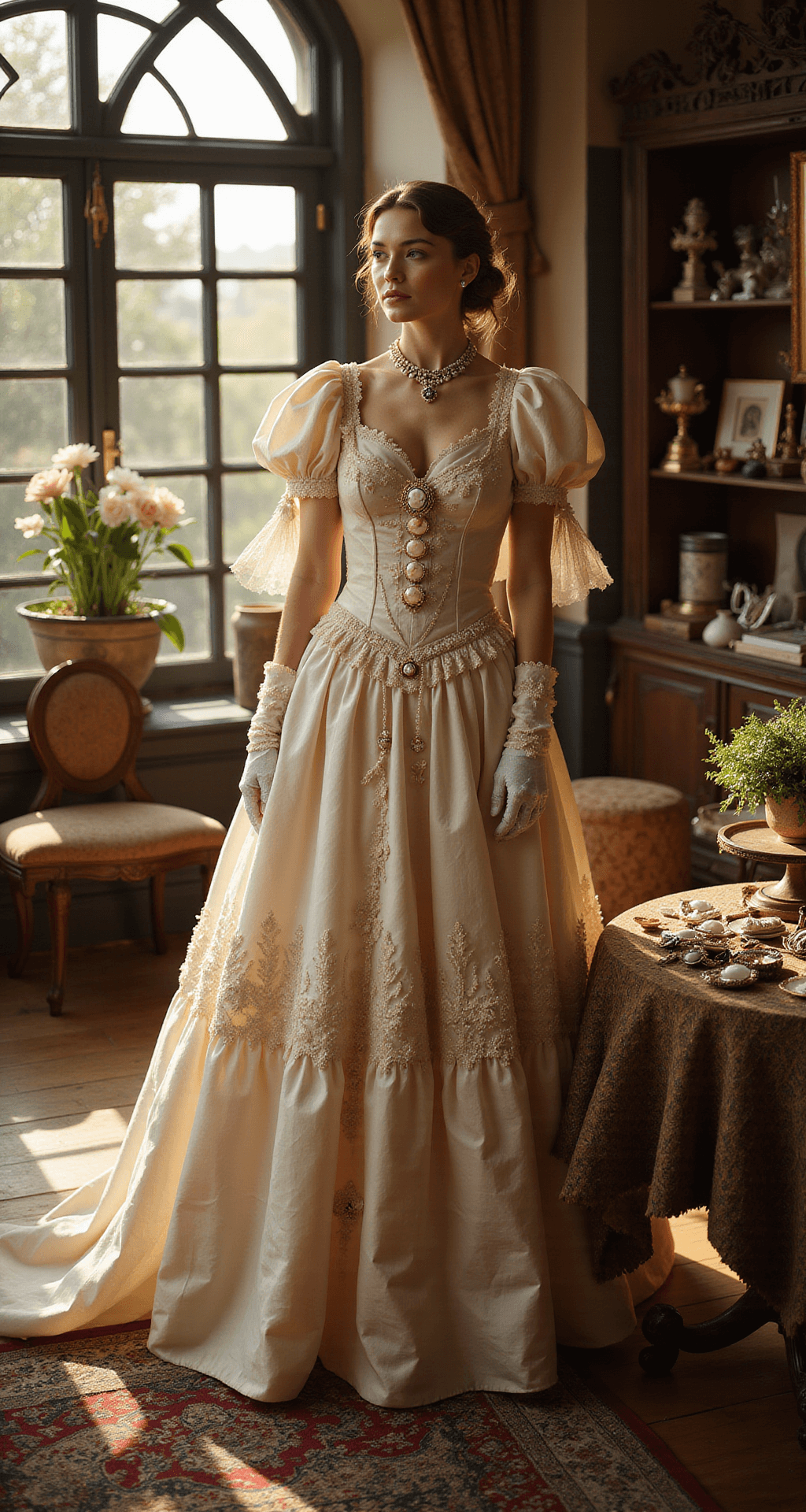 The Ultimate Princess Halloween Costumes: Feel Like Royalty This Year! A model in a historically accurate Victorian princess gown fitted in an elegant boutique, bathed in warm golden light from arched windows, surrounded by vintage accessories like cameo brooches and pearl-studded gloves.