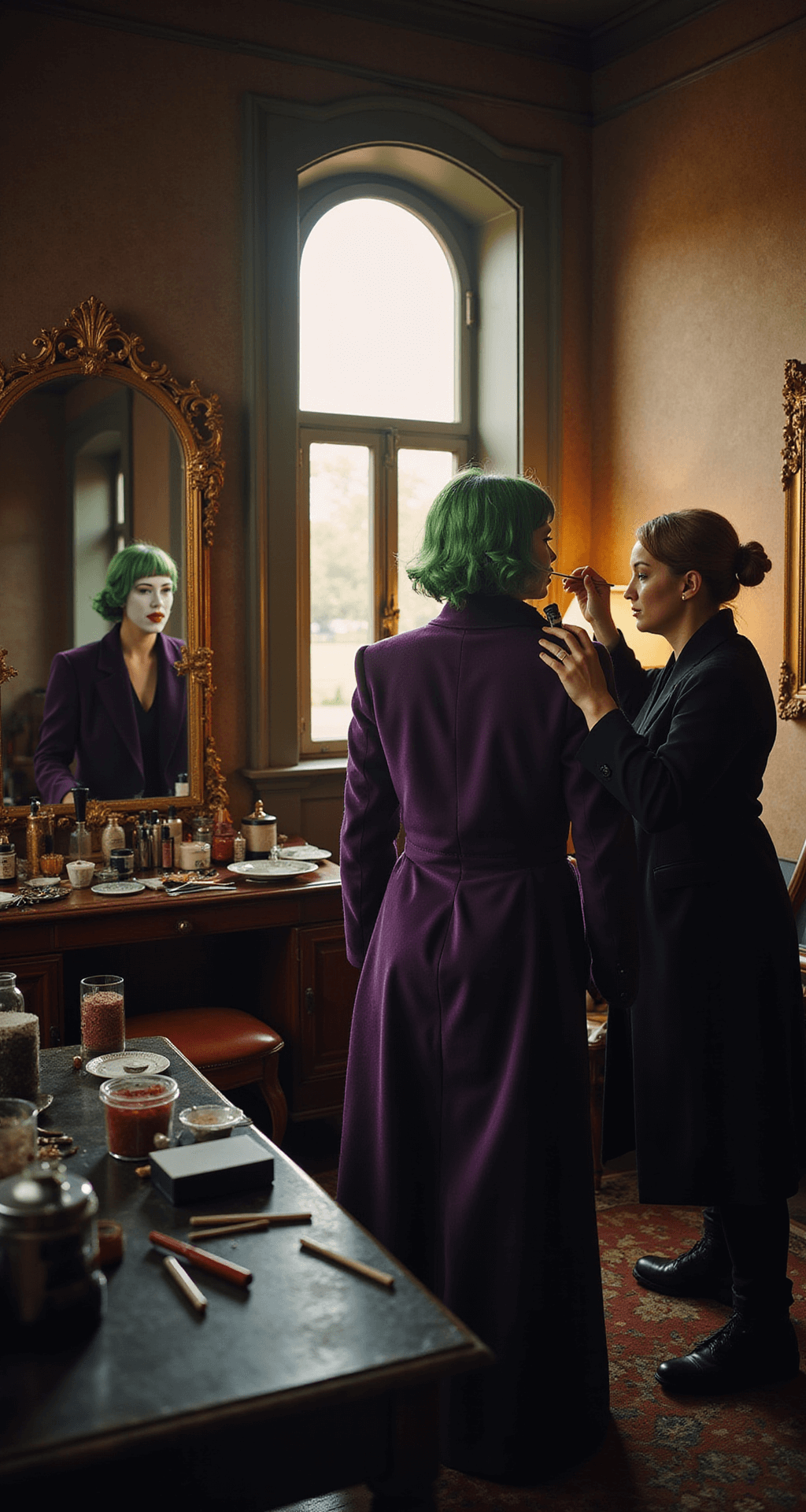 The Ultimate Joker Halloween Costume A vintage dressing room illuminated by golden hour light, showcasing a makeup artist applying white face paint to a model in a purple velvet suit jacket, surrounded by professional makeup tools and mirrors, with a close-up on red lipstick application and green hair styling.