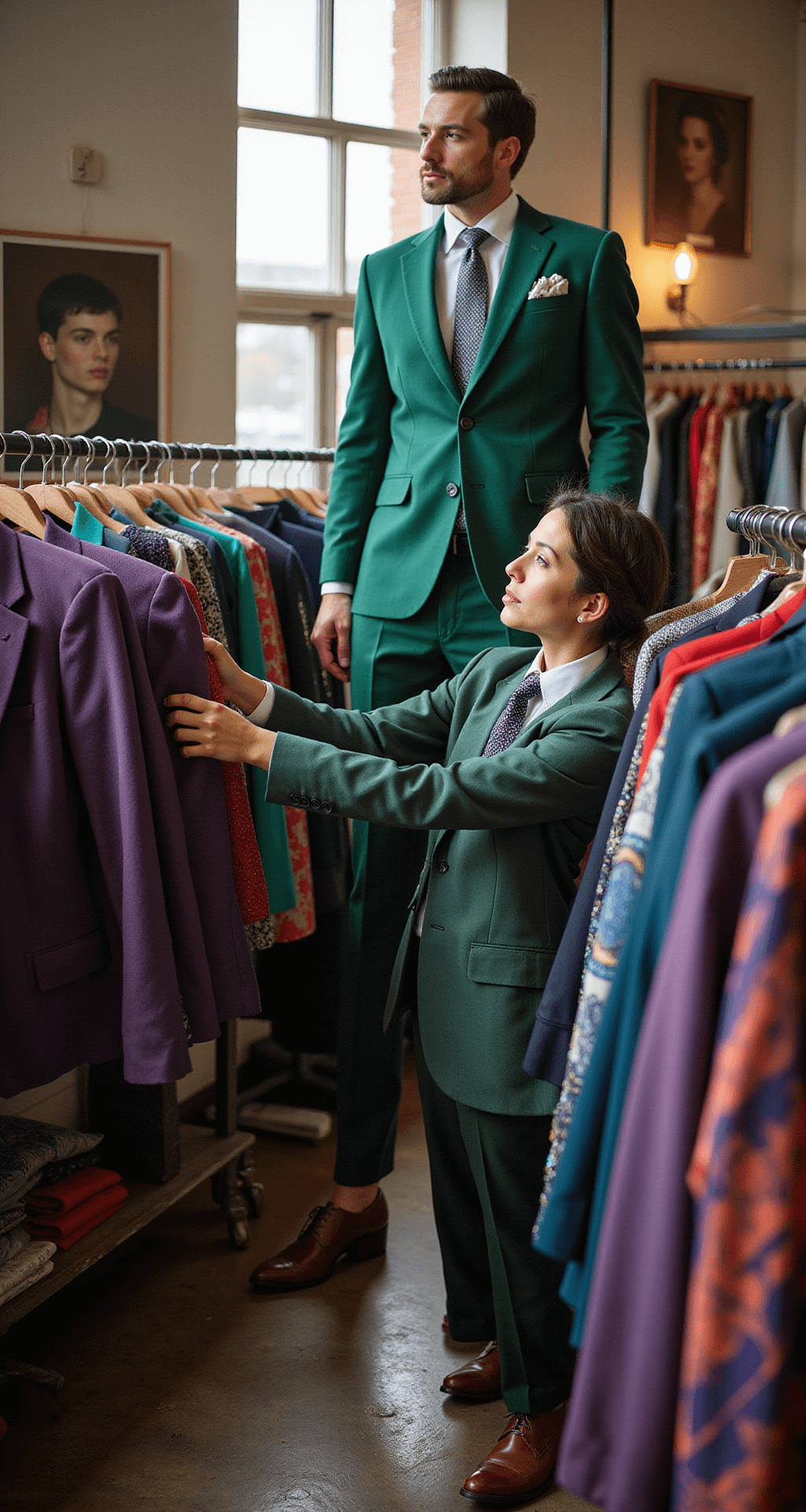 The Ultimate Joker Halloween Costume An eclectic thrift store interior filled with towering racks of vintage suits in warm, natural light. A fashion stylist examines a weathered emerald suit amid colorful blazers and shirts, capturing a treasure-hunting atmosphere.