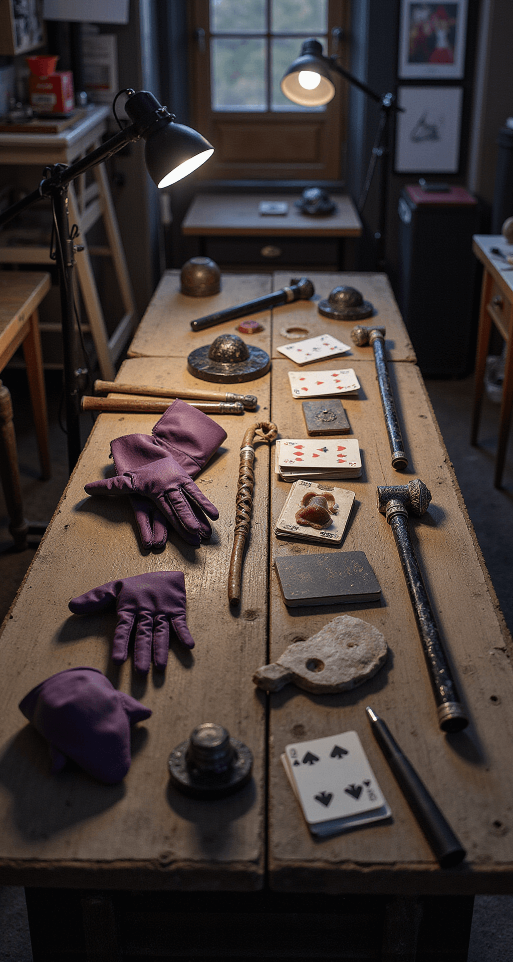 The Ultimate Joker Halloween Costume A professional costume workshop at dusk, featuring specialized props like playing cards, vintage canes, and purple leather gloves on a weathered workbench, illuminated by dramatic LED lights that accentuate the texture of prosthetic scars and custom accessories in various stages of completion.