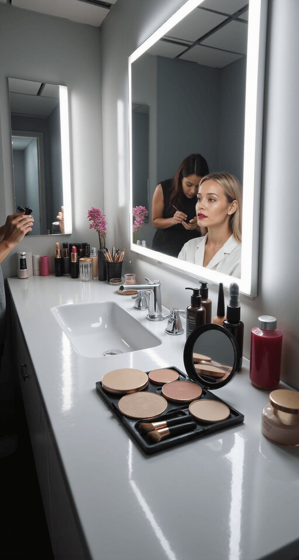 The Ultimate Joker Halloween Costume A bright, modern bathroom featuring a step-by-step makeup transformation with white foundation application, powder setting, and red lip creation, reflected in multiple mirrors, surrounded by neatly arranged high-end makeup products.