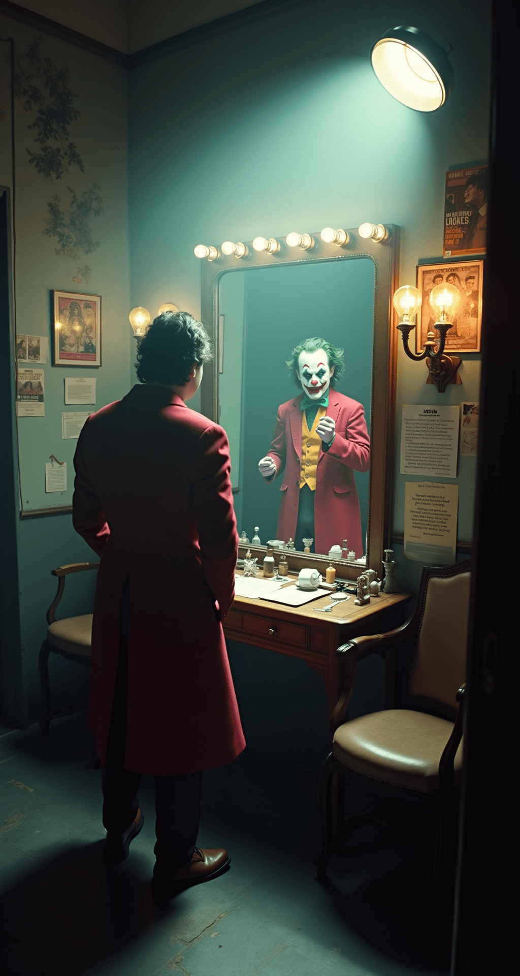 The Ultimate Joker Halloween Costume A method actor in a meticulously styled Joker costume practices in a theatrical dressing room adorned with vintage movie posters and character references, all illuminated by hazy atmospheric lighting during magic hour.