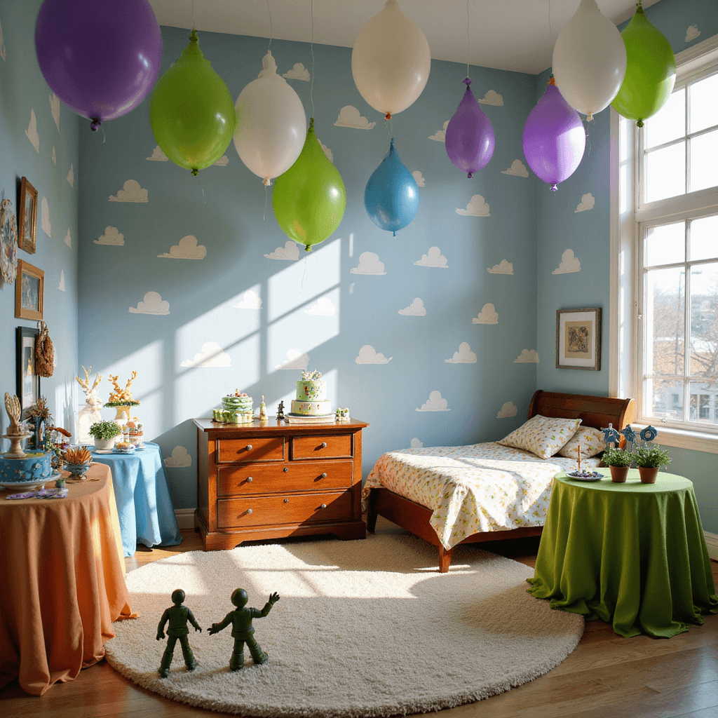 Toy Story Birthday Party: The Ultimate Guide to a Stellar Celebration A whimsical birthday setup inspired by Andy's bedroom features cloud-printed wallpaper, a vintage wooden toy chest, and a twin bed with a star-patterned bedspread. Balloon garlands in Buzz Lightyear colors hang above round tables adorned with primary-colored linens and Toy Story figurine centerpieces. Sunlight filters through vintage-style windows, illuminating a dessert station with a 3-tier cake decorated with fondant clouds and stars, while Green Army Men are strategically placed throughout the scene.