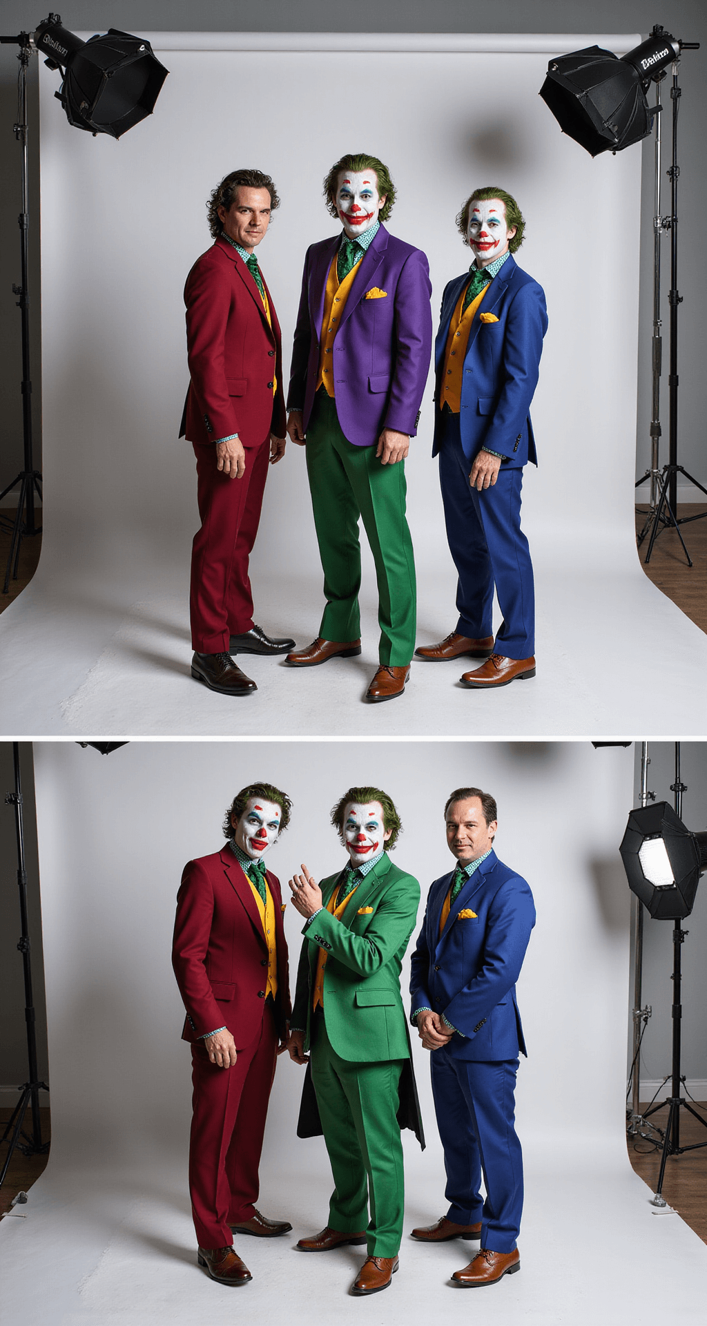 The Ultimate Joker Halloween Costume A professional photo studio displaying three distinct Joker costume styles side by side, featuring varied suit colors, makeup applications, and props against a clean white backdrop, with high key lighting emphasizing the textures and colors.