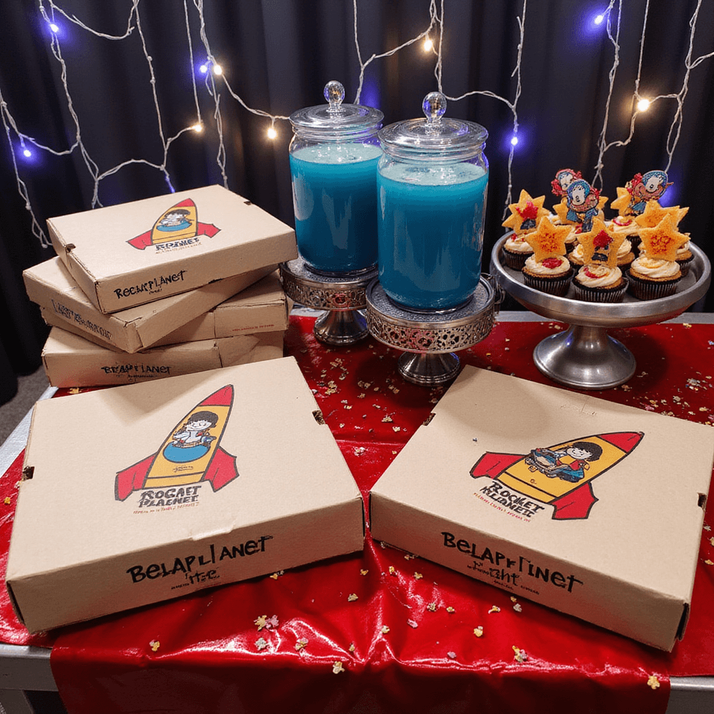 Toy Story Birthday Party: The Ultimate Guide to a Stellar Celebration An overhead shot of a vibrant Pizza Planet-themed food station featuring custom pizza boxes, coordinated plates and napkins, glass drink dispensers of blue punch, character cupcakes on metallic cake stands, LED string lights, and scattered themed confetti on a glossy red table runner.
