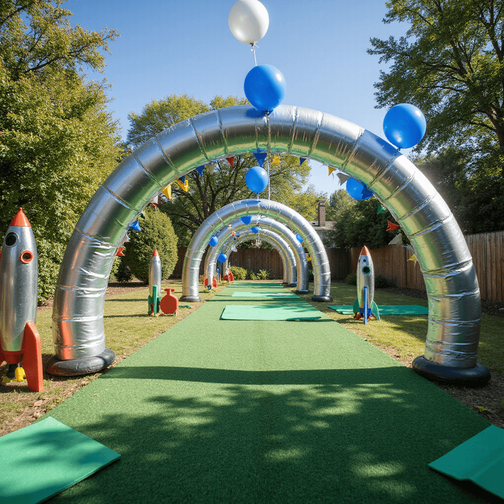 Toy Story Birthday Party: The Ultimate Guide to a Stellar Celebration A wide shot of a backyard Space Ranger Training obstacle course featuring metallic silver archways with star garlands, green turf paths for 'alien territory', colorful cardboard rocket ships as course markers, floating blue and silver balloons, and safety mats in Buzz Lightyear colors.