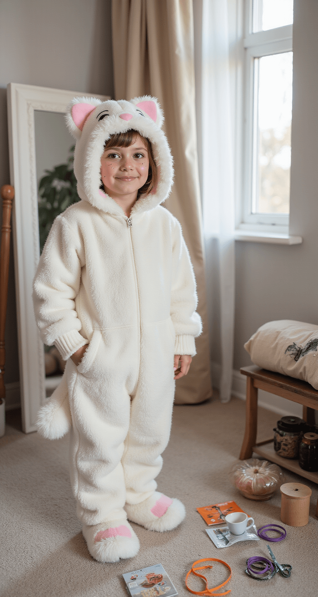 The Purr-fect Guide to Cat Halloween Costumes A young girl in a plush white cat jumpsuit with a hood and tail stands excitedly before a full-length mirror in a cozy bedroom, adorned with soft morning light. She has pink-tipped whisker face paint and is surrounded by Halloween accessories, ribbon spools, and craft supplies, all captured from a slight high angle.