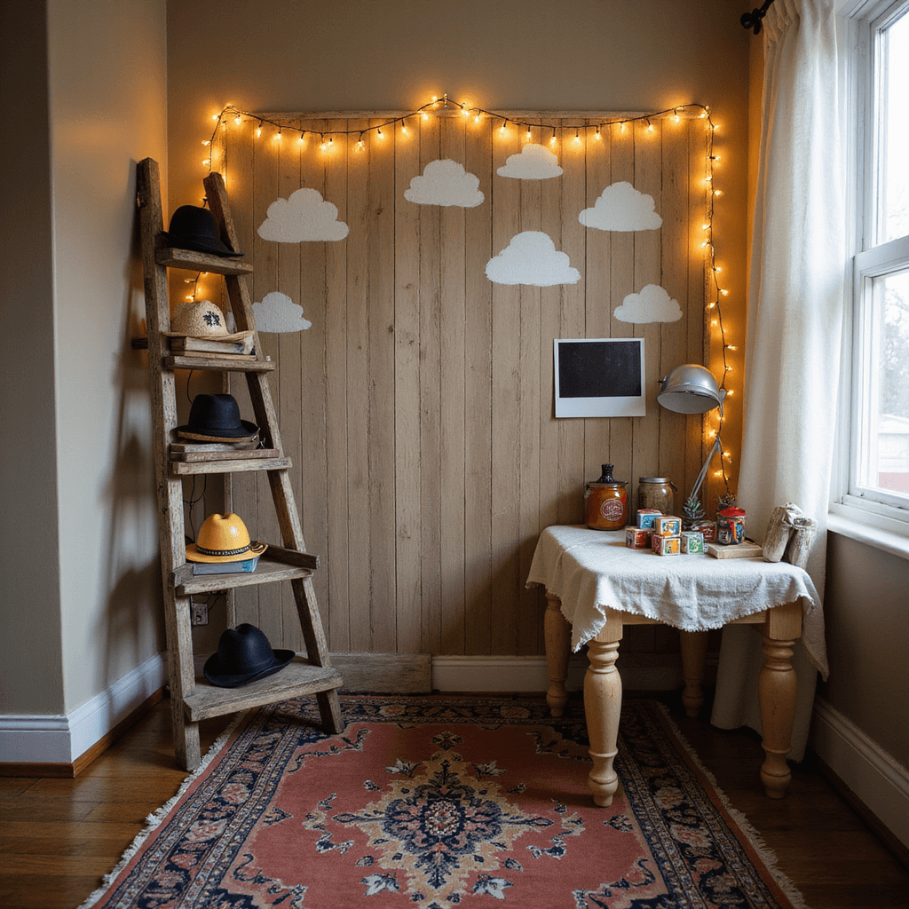 Toy Story Birthday Party: The Ultimate Guide to a Stellar Celebration A cozy vintage photo booth corner with a hand-painted rustic wooden backdrop, featuring blue clouds. A props table displays oversized sheriff badges, space helmets, and cowboy hats on a distressed ladder shelf. A muted primary colored Persian rug anchors the area, while warm fairy lights create a bokeh effect. A Polaroid-style frame cutout is adorned with toy blocks and miniature toys.