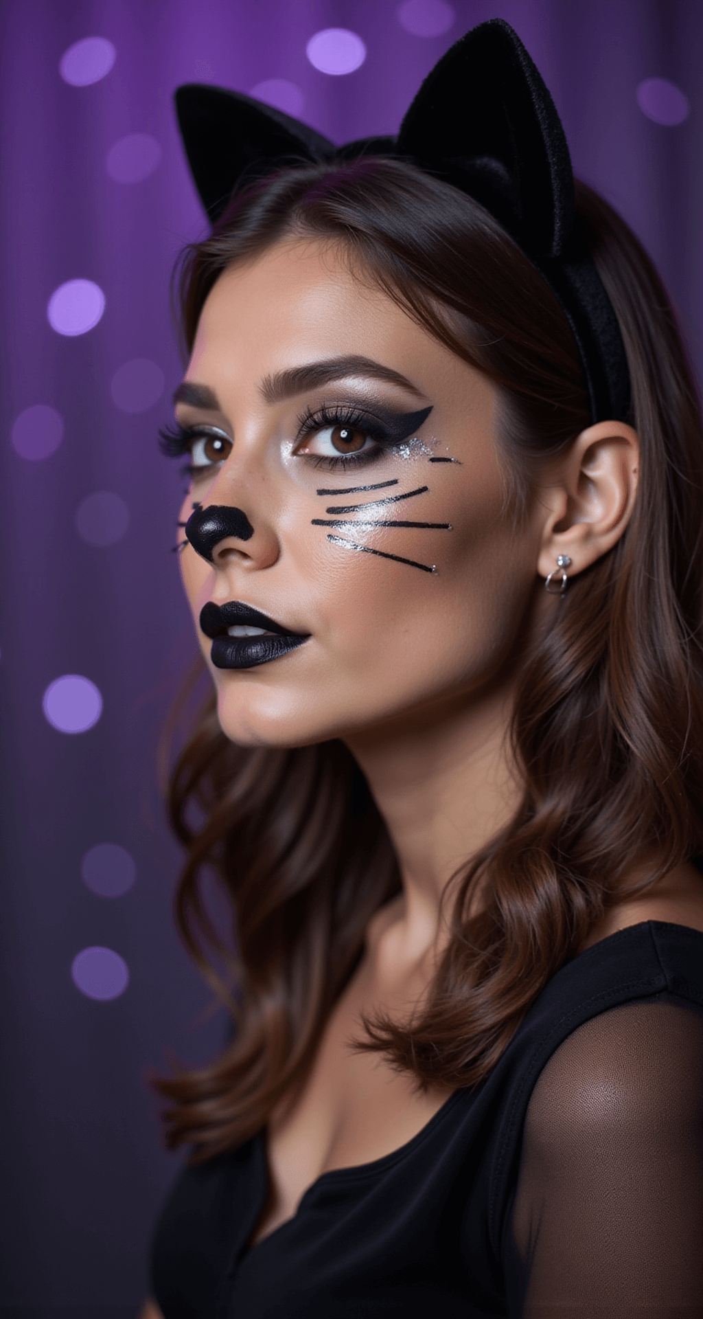 The Purr-fect Guide to Cat Halloween Costumes Close-up beauty shot of a model with cat-inspired face painting featuring detailed whiskers and nose, wearing a velvet black cat ear headband with silver accents, styled hair in sleek waves, set against a soft bokeh background in deep purple tones.