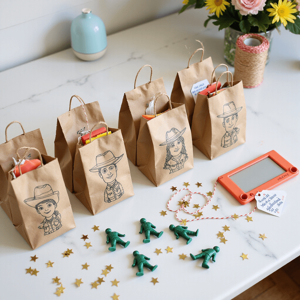 Toy Story Birthday Party: The Ultimate Guide to a Stellar Celebration Flat lay of a party favor station featuring personalized brown paper bags stamped with Toy Story characters, each containing a mini Etch-a-Sketch, green army men, and sheriff badges, accompanied by metallic gold star confetti and colorful thank-you tags tied with baker's twine.