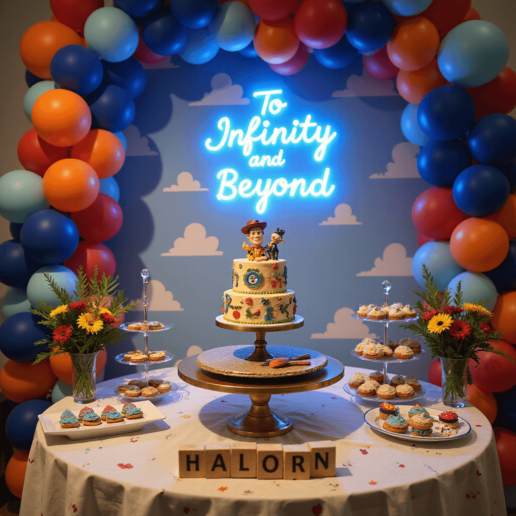 Toy Story Birthday Party: The Ultimate Guide to a Stellar Celebration Dynamic shot of a Toy Story themed cake on a gold stand, surrounded by character-themed cookies on tiered displays, a neon blue 'To Infinity and Beyond' sign, balloon bouquets, and wooden toy blocks spelling out a child's name, all highlighted by warm spotlighting.