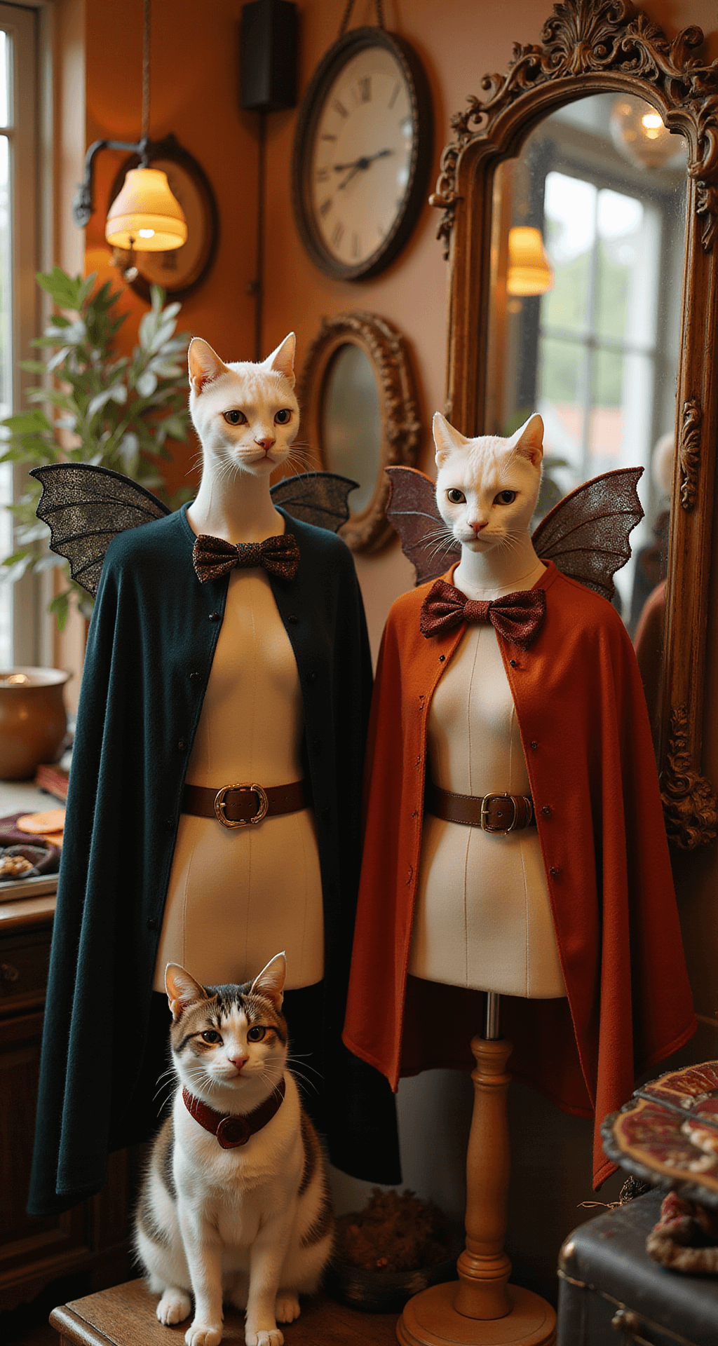 The Purr-fect Guide to Cat Halloween Costumes Charming vintage boutique interior with warm lighting, showcasing handmade cat costumes on mannequins, including bow ties, capes, and whimsical wings. Antique mirrors display Halloween decorations, while a resident shop cat models a burgundy velvet collar.