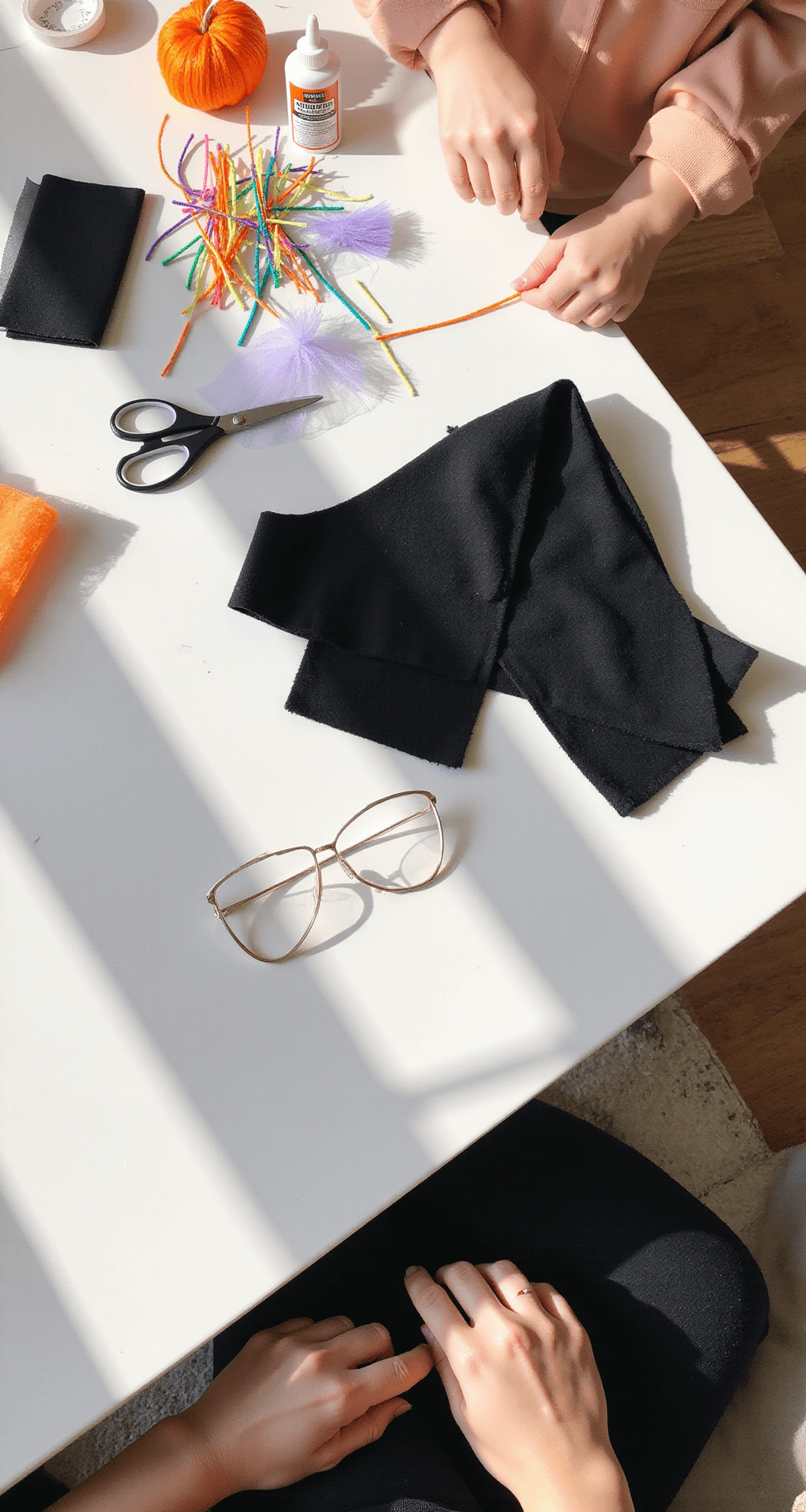 The Purr-fect Guide to Cat Halloween Costumes An overhead view of a bright and minimalist craft room featuring a DIY costume-making session with black fabric, felt ears, colorful pipe cleaners, and tulle scattered across a white workspace, alongside organized creative tools like scissors, glue, and measuring tape, accented with touches of Halloween orange.