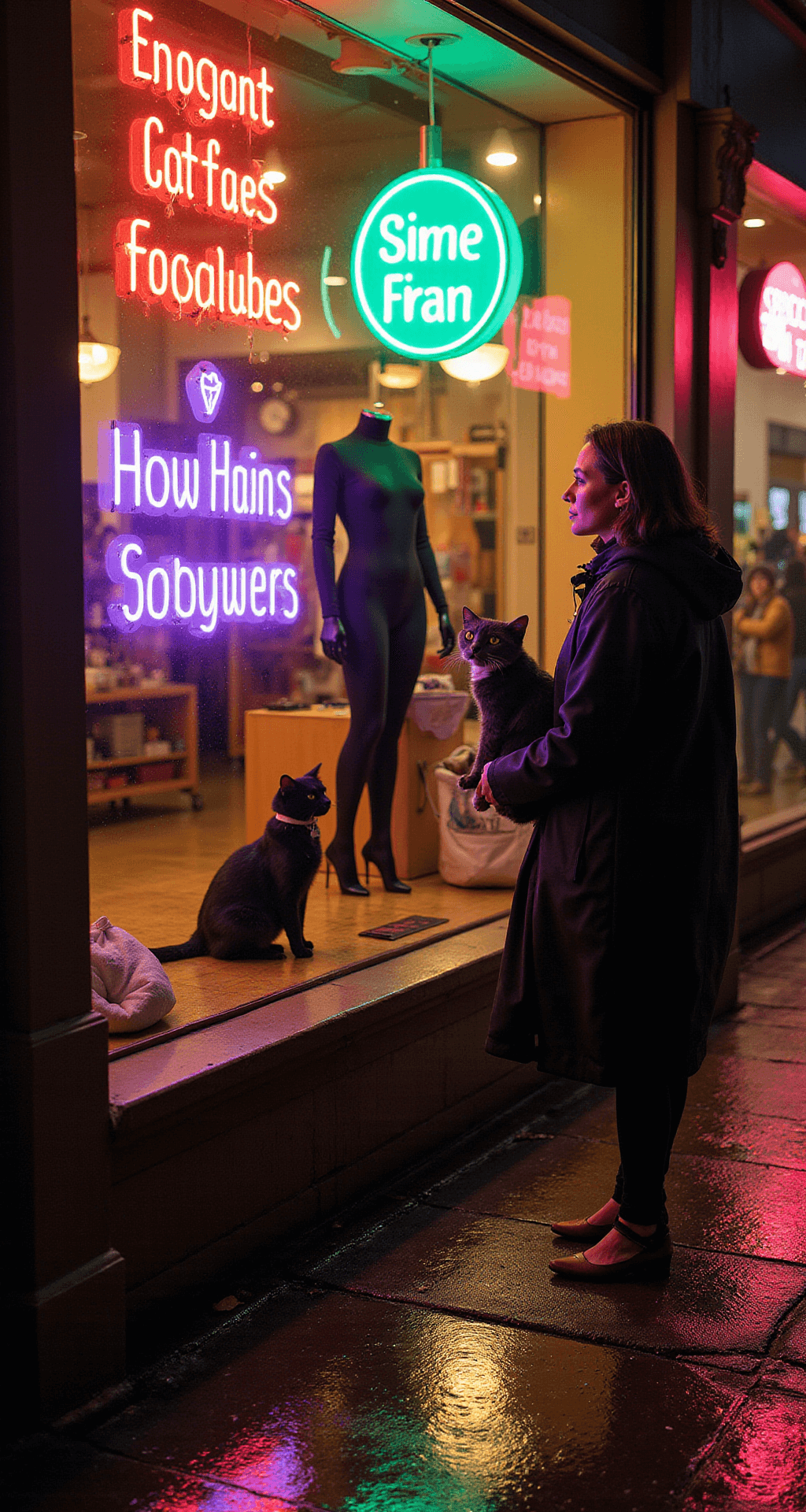 The Purr-fect Guide to Cat Halloween Costumes Evening street scene outside a Halloween store with warm lighting, featuring a woman browsing premium cat costumes while her cat in a black cape watches from a carrier, with neon signs reflecting on the rain-slicked sidewalk.