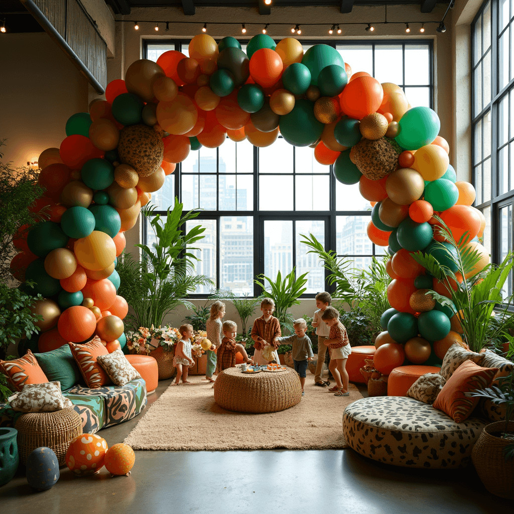 Ultimate Guide to 3rd Birthday Party Themes for Little Girls: Magical Celebrations They'll Remember Forever A lively 'Wild & Three' birthday celebration in a modern loft, featuring a lush balloon arch, cozy seating areas with animal print cushions, whimsical safari decorations, and children dancing in animal masks under twinkling fairy lights.