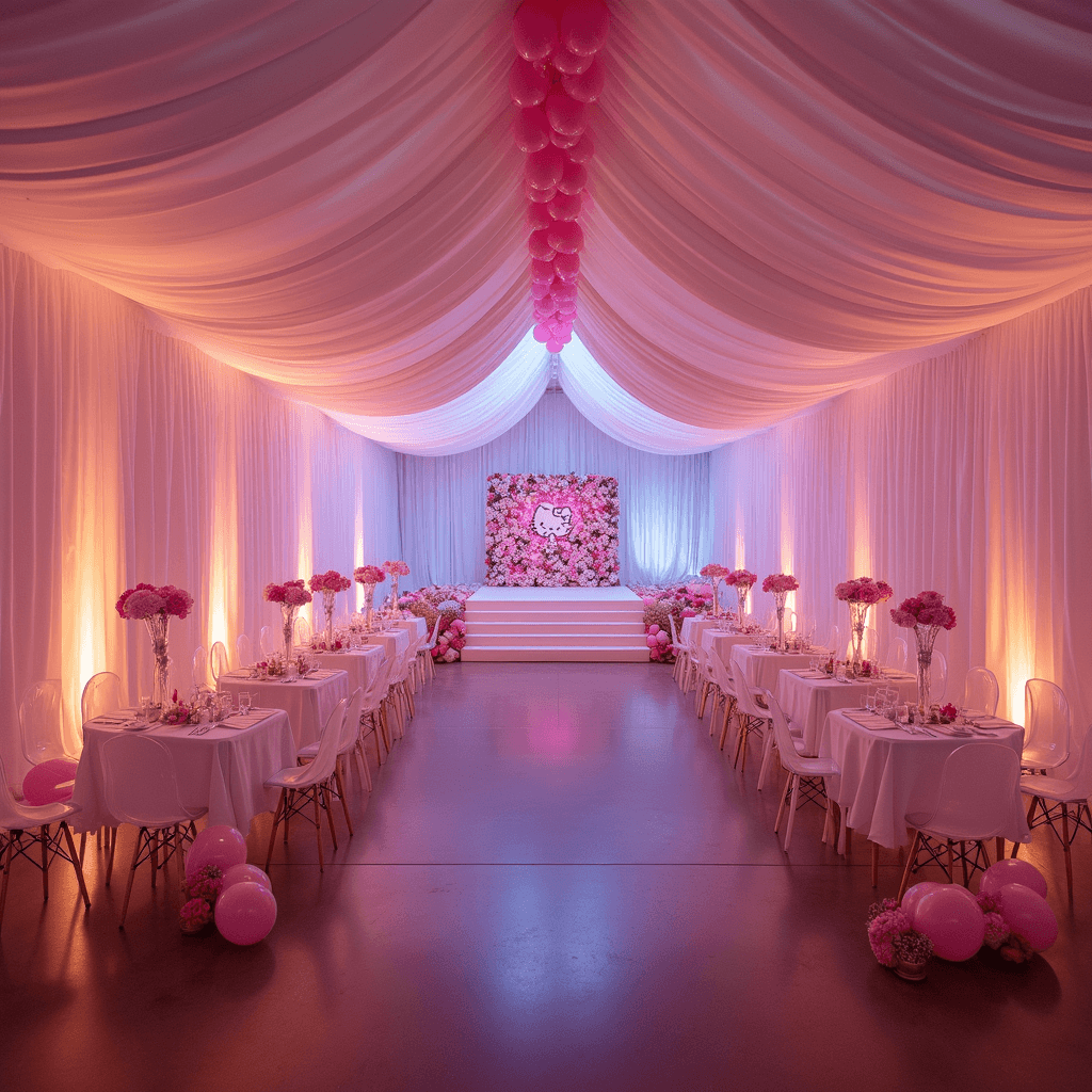 How to Throw the Ultimate Hello Kitty Birthday Party: A Complete Guide Cinematic wide shot of a transformed indoor party space at dusk, featuring draped white fabric walls illuminated by warm uplighting, a life-sized Hello Kitty backdrop with a flower wall for photos, pink balloon garlands, and scattered cocktail tables with ghost chairs.