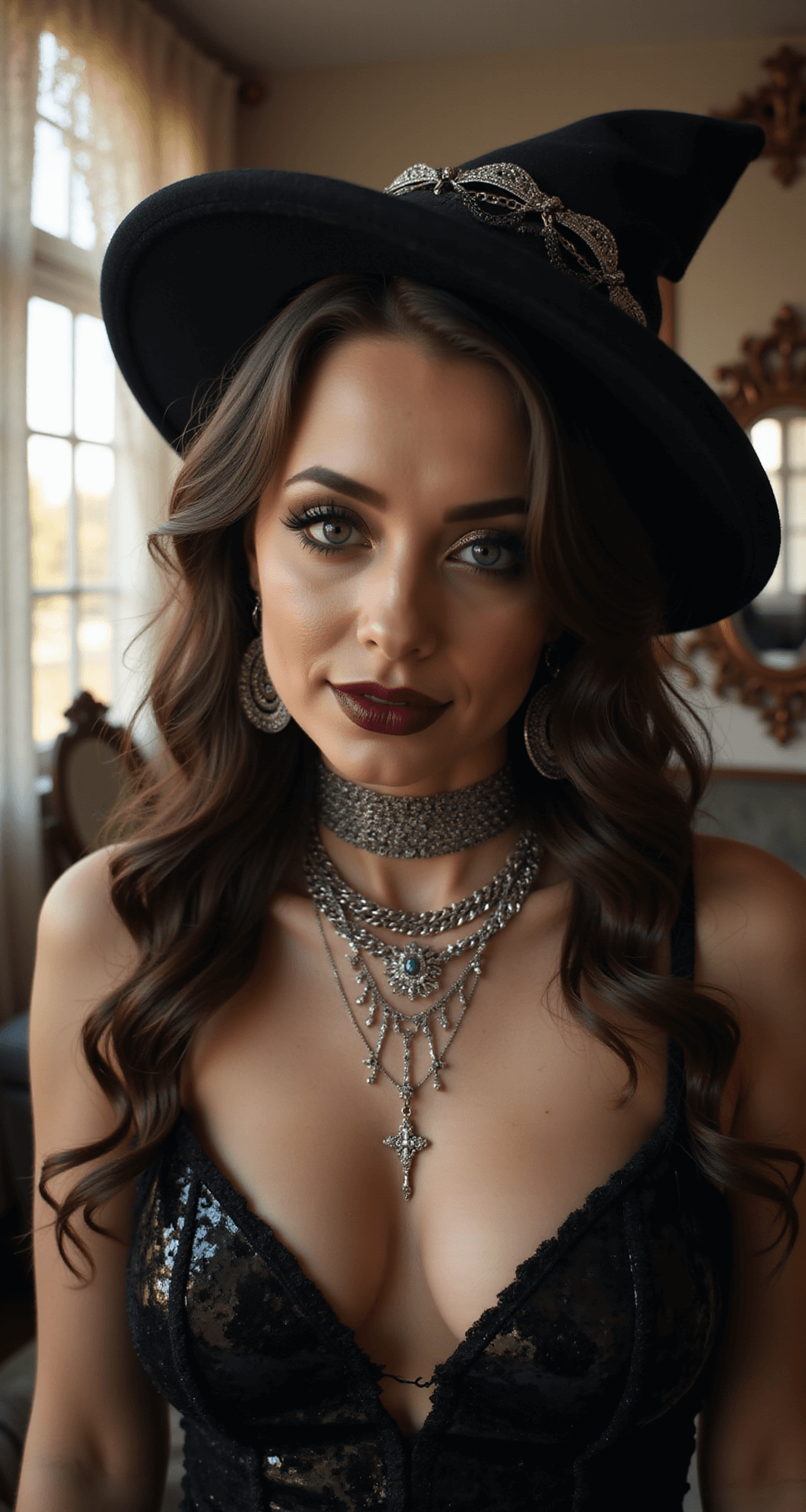 Bewitching Halloween Style: Your Ultimate Guide to Creating the Perfect Witch Costume Close-up beauty shot of a model in a vintage boudoir, featuring dramatic smokey eye makeup, deep burgundy lips, and a black witch hat with silver chains. Antique mirrors and lace curtains create mysterious shadows, with intricate silver necklaces layered over a plunging black sequined dress.