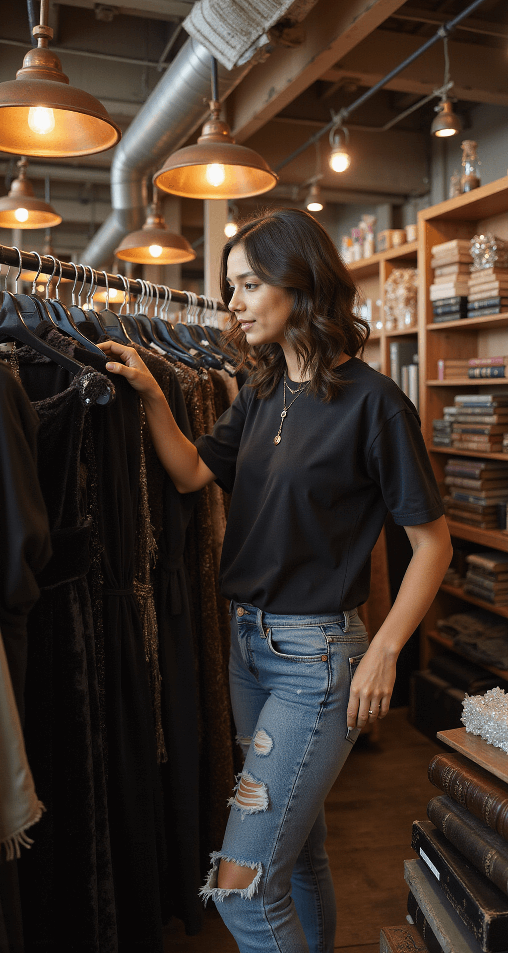 Bewitching Halloween Style: Your Ultimate Guide to Creating the Perfect Witch Costume Young woman in distressed black denim and vintage band tee sorts through racks of dark velvet dresses in a warmly lit thrift store, with industrial copper lighting casting shadows and stacks of leather-bound books and crystal accessories in the background.