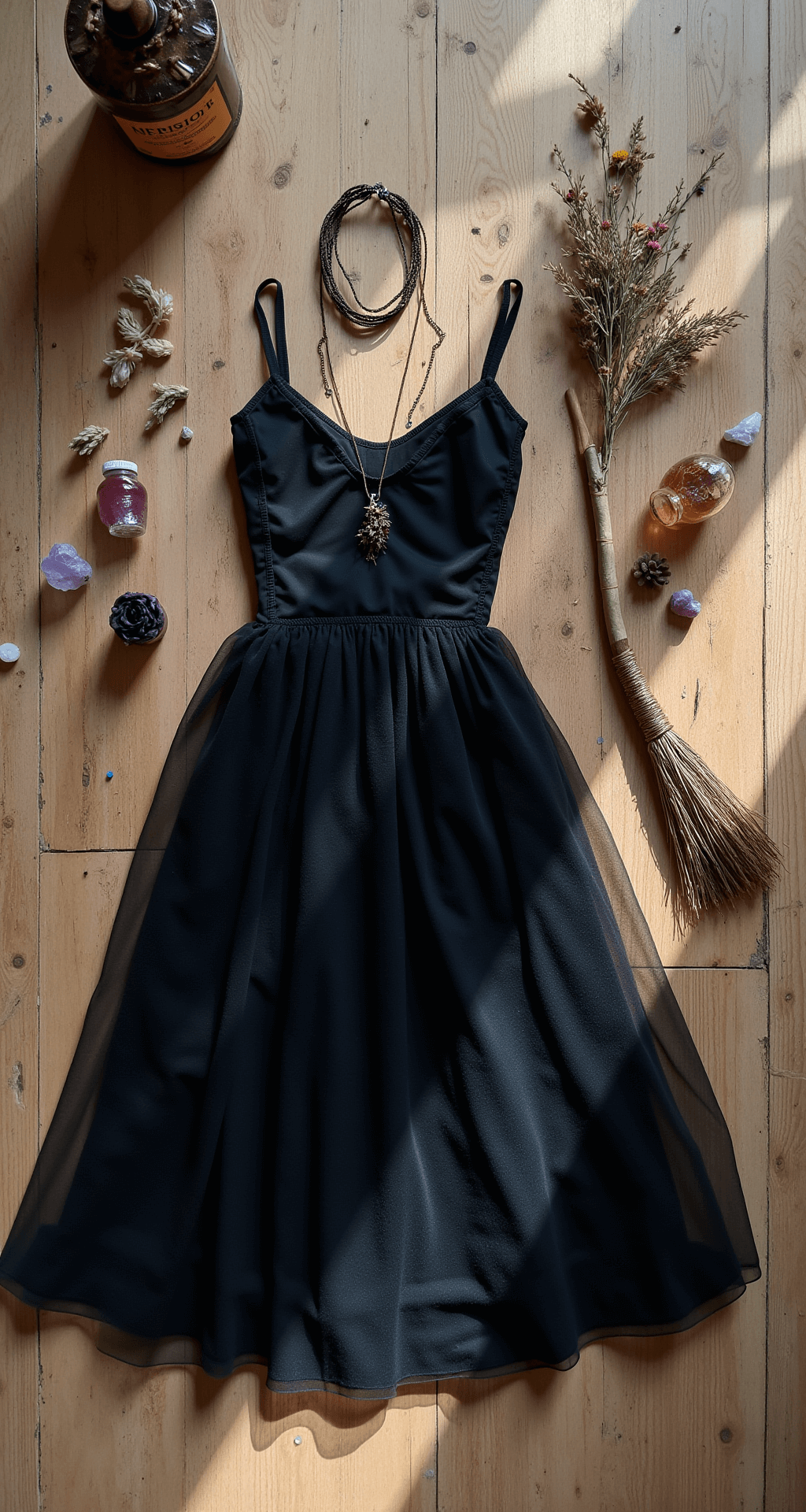 Bewitching Halloween Style: Your Ultimate Guide to Creating the Perfect Witch Costume DIY witch costume flatlay on a weathered wooden floor, featuring a black tulle dress, handcrafted twisted wire jewelry, hand-painted potion bottles, a customized broomstick with copper wire wrapping, and scattered dried flowers and crystals, all illuminated by gentle morning light.