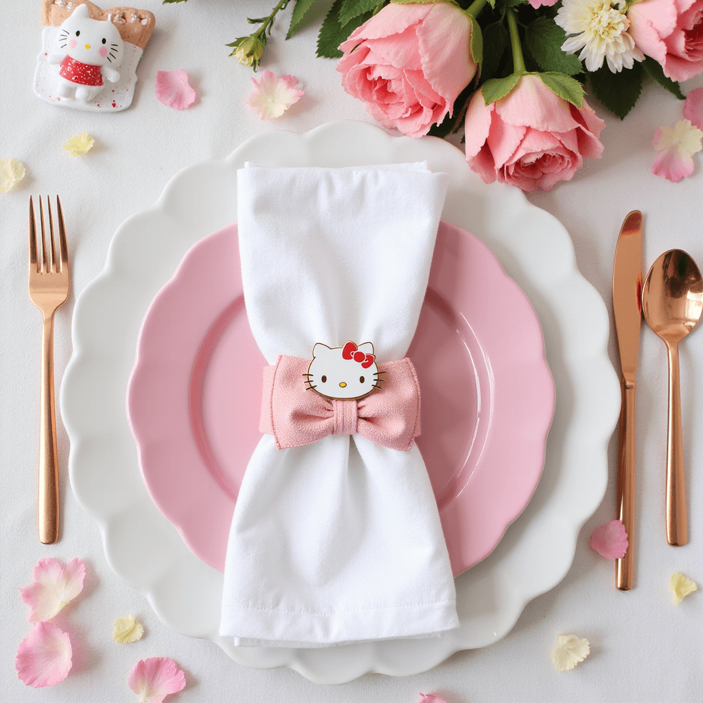 How to Throw the Ultimate Hello Kitty Birthday Party: A Complete Guide Flat lay of a Hello Kitty themed table setting featuring a white scalloped charger, pink porcelain plates, bow-shaped napkin rings with white linens, custom paper goods with delicate illustrations, rose gold cutlery, and scattered confetti and flower petals.