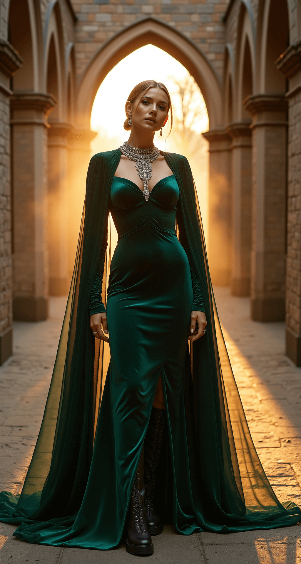 Bewitching Halloween Style: Your Ultimate Guide to Creating the Perfect Witch Costume A model in an emerald green velvet gown with a dramatic cape stands between stone archways in an abandoned gothic architecture courtyard at sunset. She wears silver statement jewelry and platform boots, with fog swirling around her, creating an ethereal atmosphere that highlights both the architectural elements and her striking fashion details.