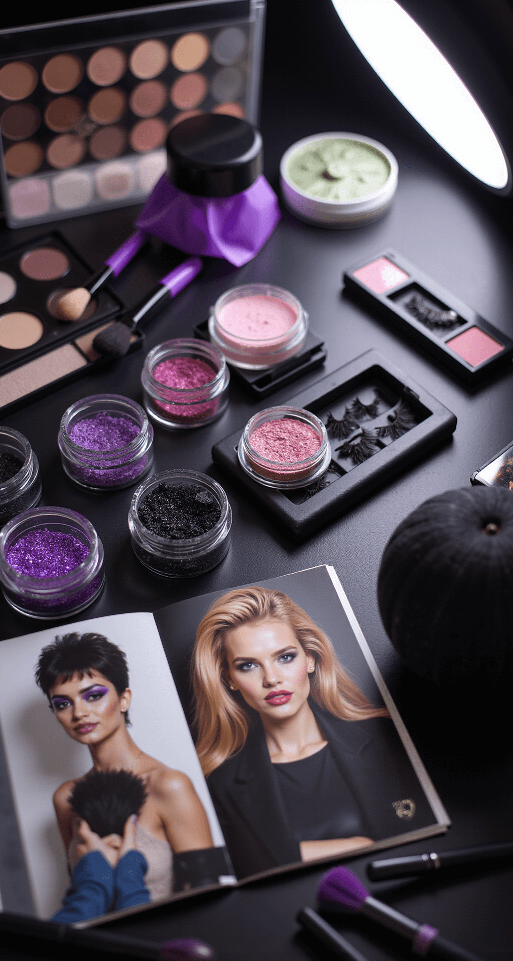 Bewitching Halloween Style: Your Ultimate Guide to Creating the Perfect Witch Costume Close-up of a professional makeup tutorial setup featuring a vanity area with high-end Halloween supplies, including glitter pots, dark eyeshadow palettes, false lashes, and special effects items. Purple and black brushes are neatly arranged next to reference photos of glamour witch looks, illuminated by soft box lighting in a clinical photography style.