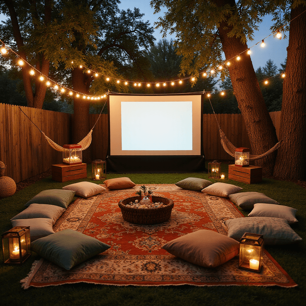 Ultimate 15th Birthday Party Guide: Themes, Decor, and Unforgettable Memories A cozy backyard movie night setup at dusk, featuring layered Persian rugs and floor pillows in warm terracotta and sage, a giant projection screen hanging between trees with string lights, wooden crates as side tables with vintage popcorn machines and candy stations, macramé hammocks, suspended lanterns, and baskets of blankets for comfort.