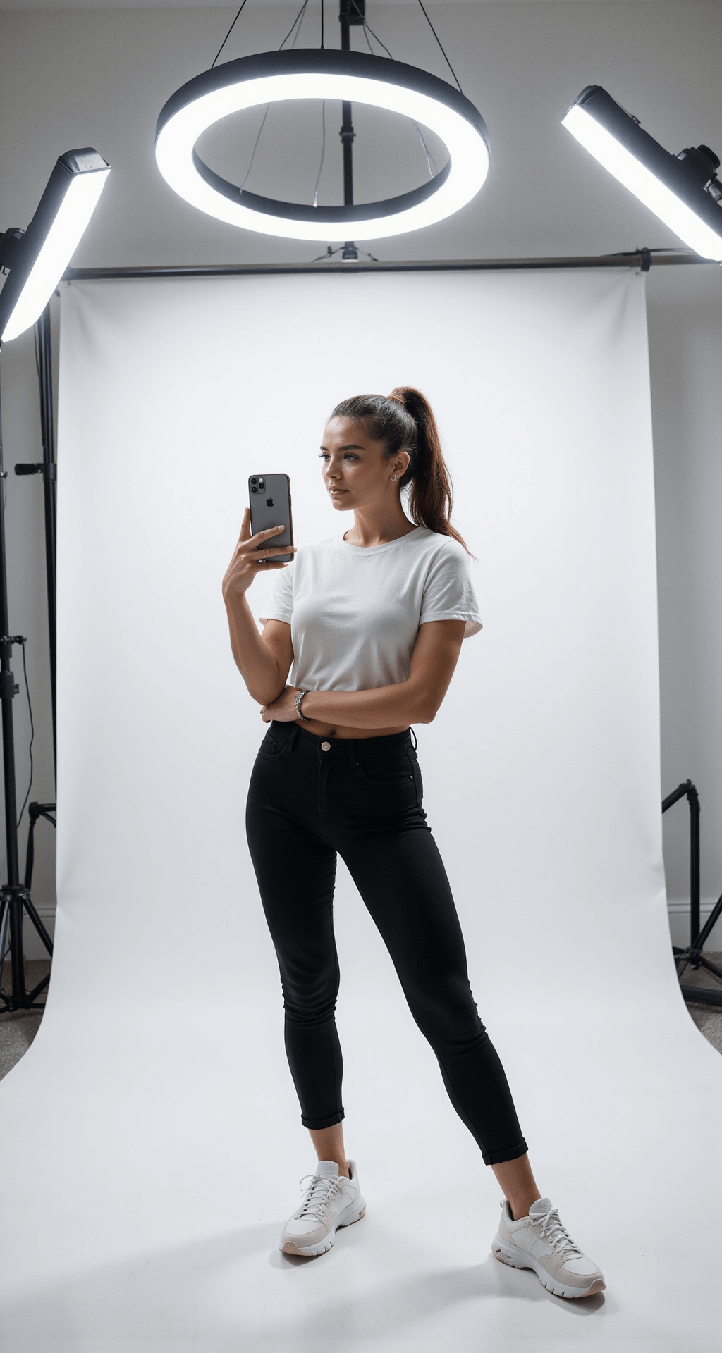10 Must-Have Women's Halloween Costumes for 2025 Fashion influencer in a minimalist white studio poses with the latest iPhone, wearing a cropped white tee, high-waisted black leggings, and chunky white sneakers, with ring lights and LED strips illuminating the space.