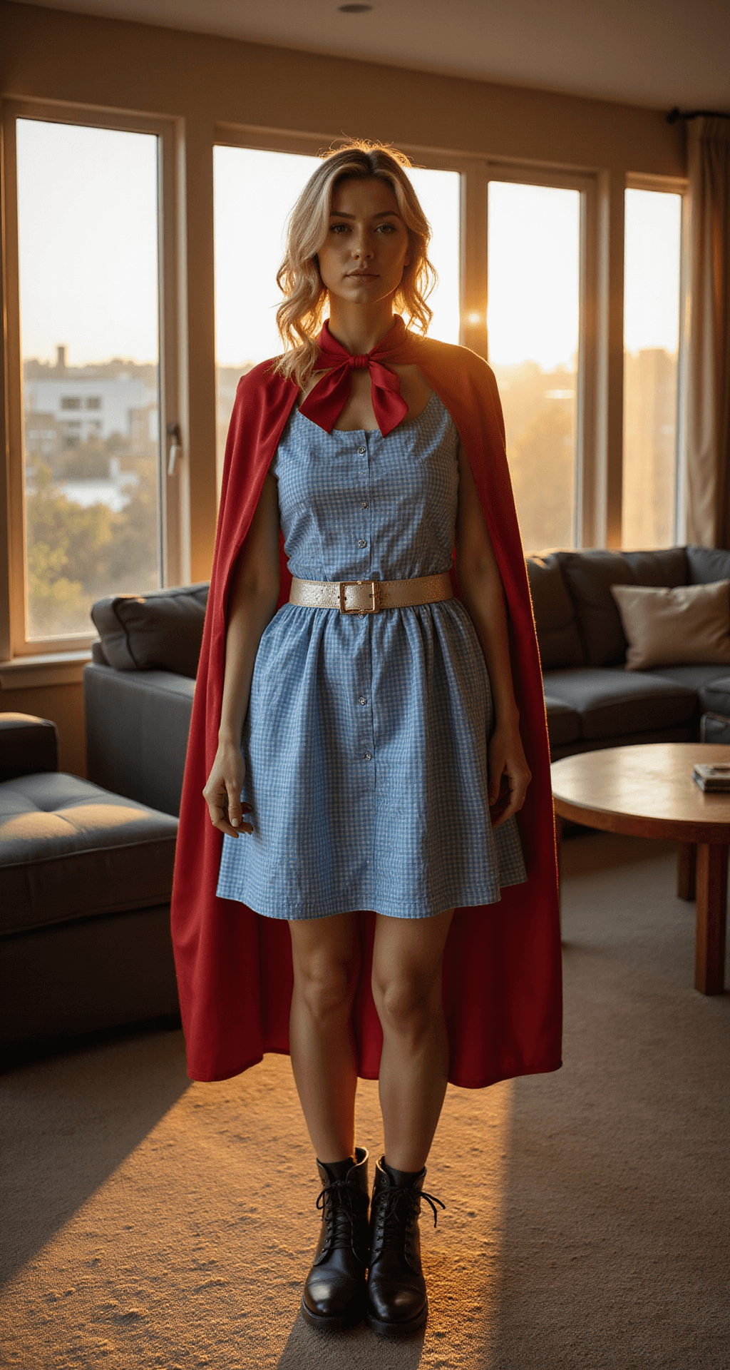 10 Must-Have Women's Halloween Costumes for 2025 A contemporary living room illuminated with cinema-style lighting, featuring a creative costume fusion of a classic blue gingham dress and a superhero cape, alongside ruby slippers paired with combat boots, all captured from a three-quarter angle. The room is bathed in a golden hour glow from floor-to-ceiling windows, highlighting the playful mix of genres.