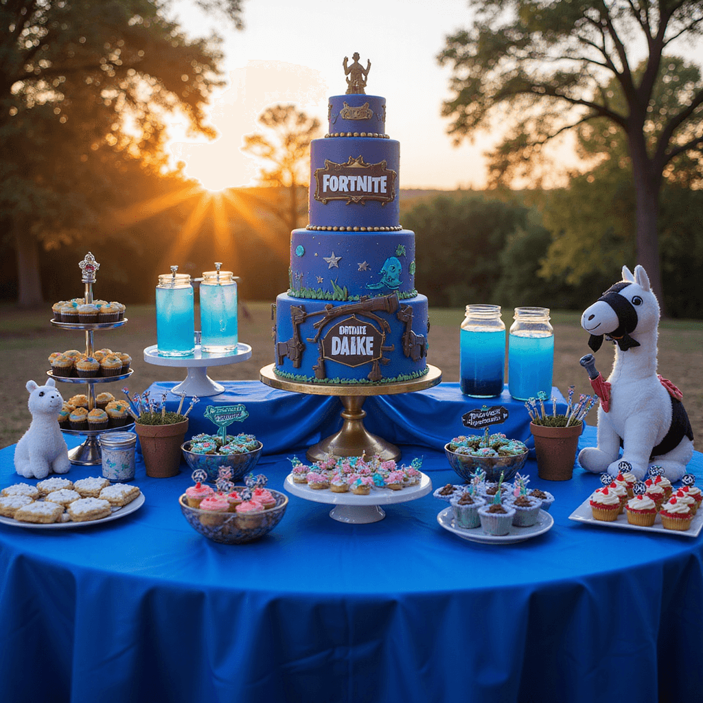 Epic Fortnite Birthday Party Ideas: Transform Your Celebration into a Battle Royale Bash! A lavish dessert station bathed in golden hour light, featuring a towering Fortnite-themed cake, weapon-shaped cookies on tiered stands, glowing 'Chug Jug' drink dispensers, and dance move cupcakes, complemented by whimsical Llama plush toys and LED lights for a gaming atmosphere.