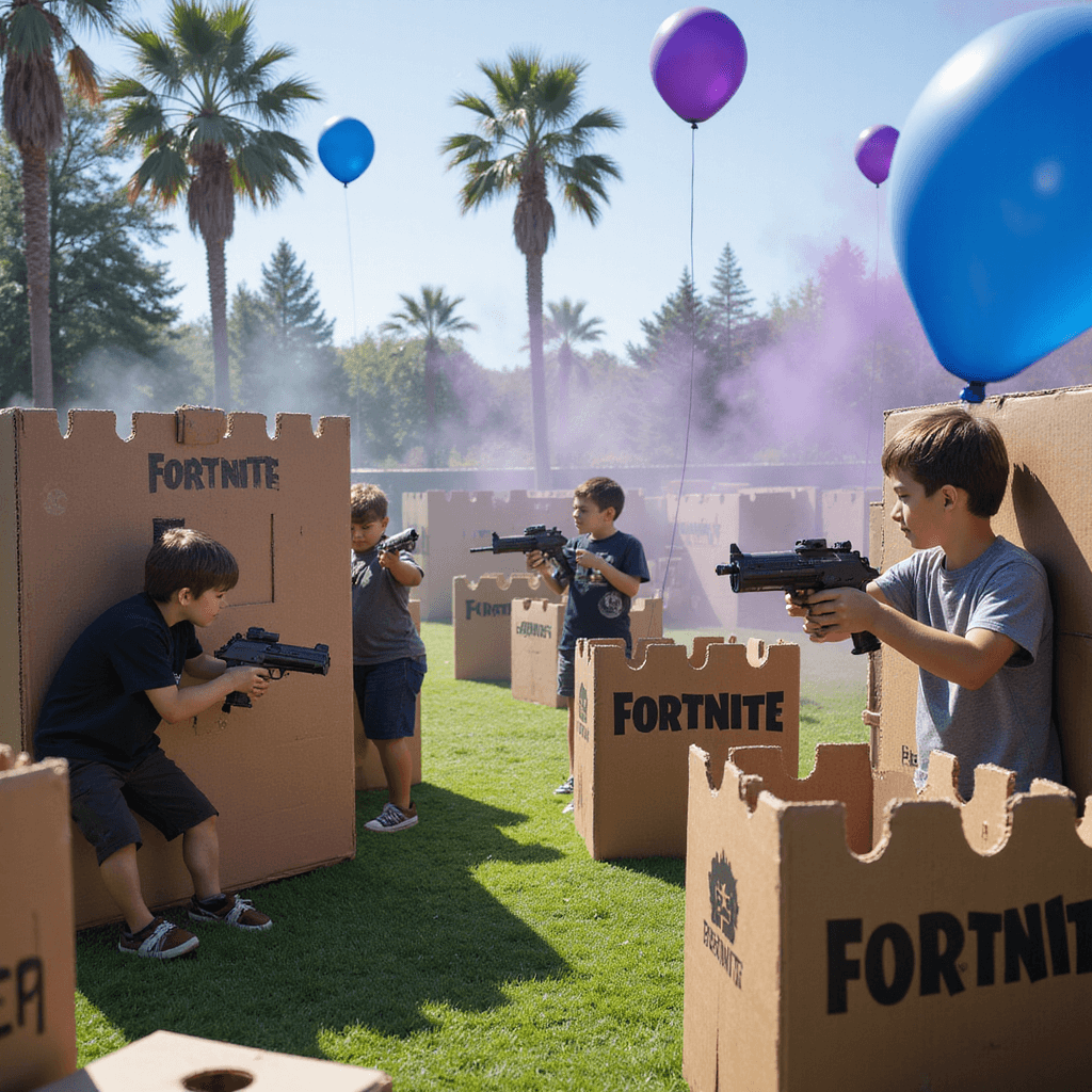 Epic Fortnite Birthday Party Ideas: Transform Your Celebration into a Battle Royale Bash! Kids engage in a thrilling laser tag battle in a maze-like playground of custom cardboard forts, adorned with Fortnite-themed signs and balloons, under bright daylight and atmospheric artificial smoke.