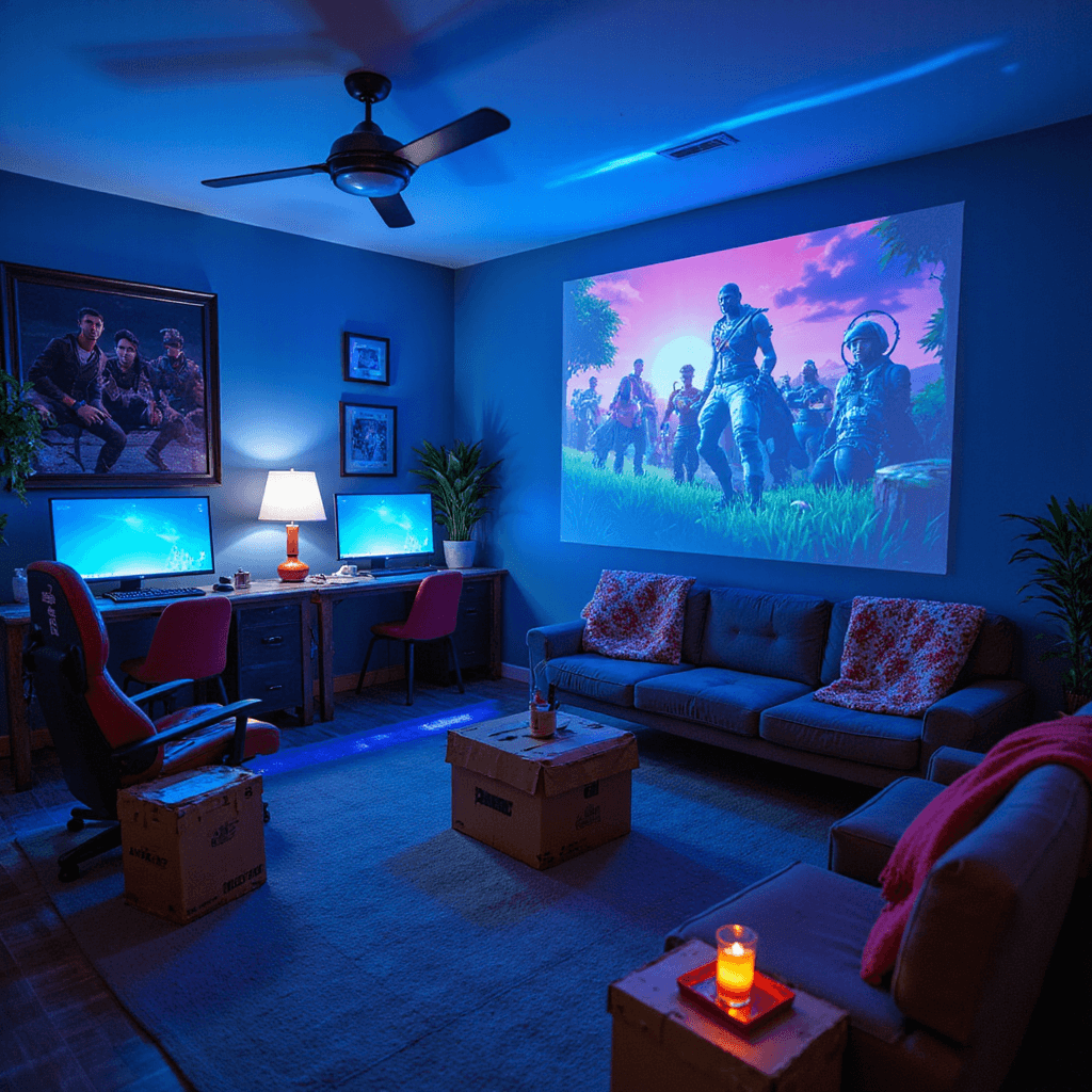 Epic Fortnite Birthday Party Ideas: Transform Your Celebration into a Battle Royale Bash! A cozy gaming lounge during blue hour, featuring low-profile seating around illuminated gaming screens, with LED strips in Fortnite colors, custom cardboard supply drop side tables, character-themed throws on gaming chairs, and projected game imagery enhancing the atmosphere.