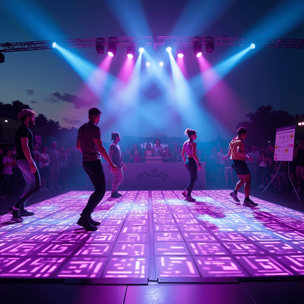 Epic Fortnite Birthday Party Ideas: Transform Your Celebration into a Battle Royale Bash! A dynamic dusk scene of a Fortnite dance competition, featuring a pulsating LED dance floor with game-inspired patterns, dramatic purple and blue lighting, and a judge's station with gaming decor, capturing dancers in motion with movement blur.