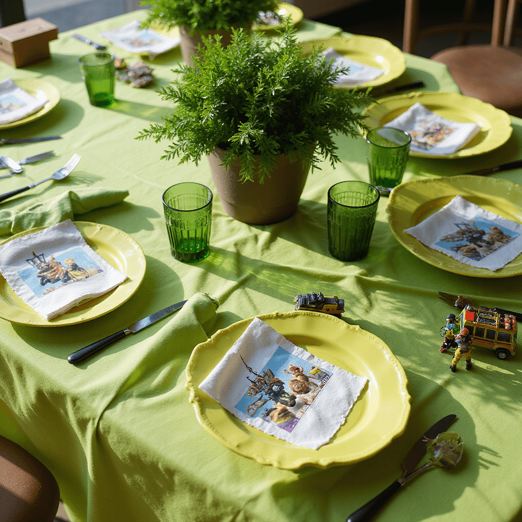 Epic Fortnite Birthday Party Ideas: Transform Your Celebration into a Battle Royale Bash! A flat lay of a vibrant tablescape in natural morning light, featuring a lime green base layer with Fortnite-themed place settings, custom plates, character napkins, and miniature Battle Bus placards, accented by fresh green foliage centerpieces and scattered gaming 'loot'.