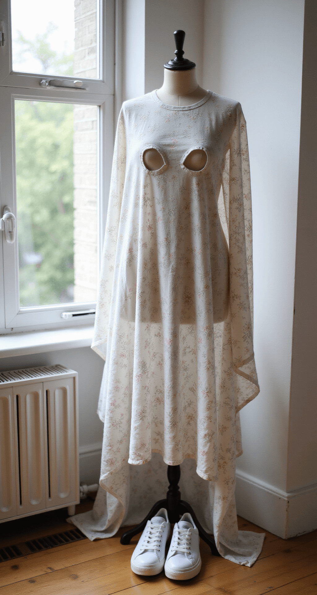 Easy Halloween Costumes You Can Actually Pull Off (Without Breaking the Bank!) A bright living room corner with large windows showcases a whimsical ghost costume arranged on a dress form, featuring a floral patterned vintage sheet with eye holes and trendy white sneakers below, illuminated by natural midday light.