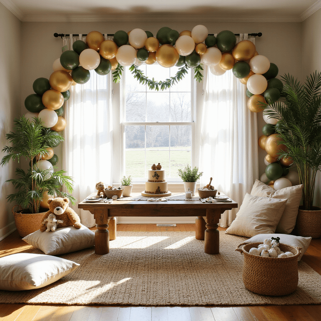 First Birthday Party Magic: The Ultimate Guide to Capturing Your Little One's Milestone A wide-angle shot of a sun-drenched living room decorated for a 'Wild ONE Adventure' first birthday, featuring a muted safari-themed balloon arch, a low wooden grazing table, scattered floor cushions, miniature safari tents, stuffed animals, a two-tier safari-themed cake at a dessert station, and organic accents of eucalyptus garlands and palm fronds, all illuminated by natural light.
