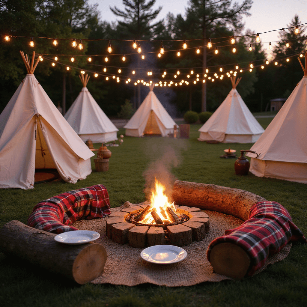 First Birthday Party Magic: The Ultimate Guide to Capturing Your Little One's Milestone Golden hour backyard celebration scene with mini canvas tents in a semicircle, warm Edison bulbs overhead, faux campfire with LED flames, log seats with plaid blankets, s'mores station featuring marble plates and copper accessories, fairy lights twinkling, and natural wood and forest green accents throughout. Depth of field highlights activity stations in the background.