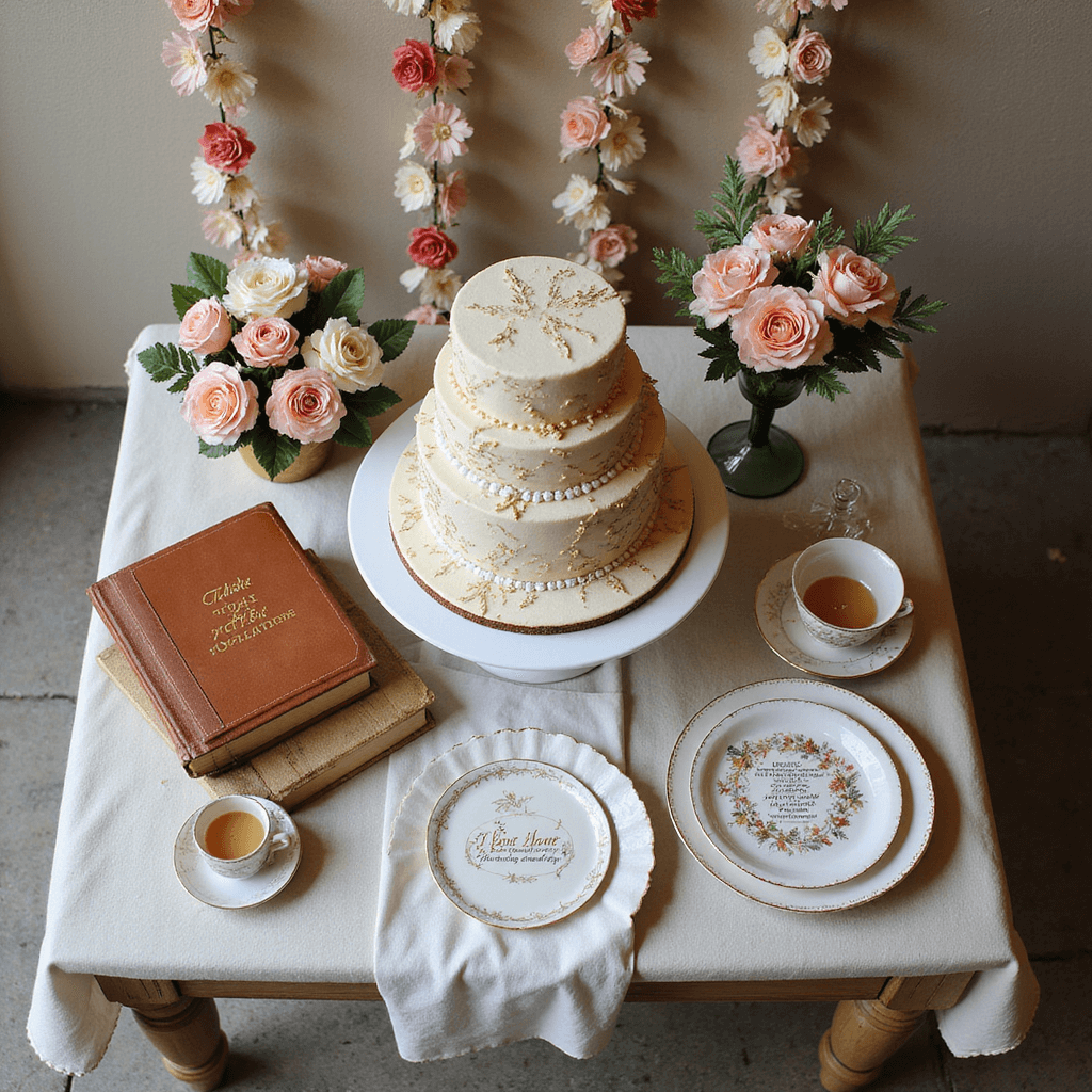 First Birthday Party Magic: The Ultimate Guide to Capturing Your Little One's Milestone Overhead view of a 'Storybook Wonderland' dessert table featuring a tiered cake with edible book pages, surrounded by leather-bound books, mercury glass vases with garden roses, hand-lettered quote cards, antique teacups filled with candies, and cascading paper flower garlands in blush and cream.