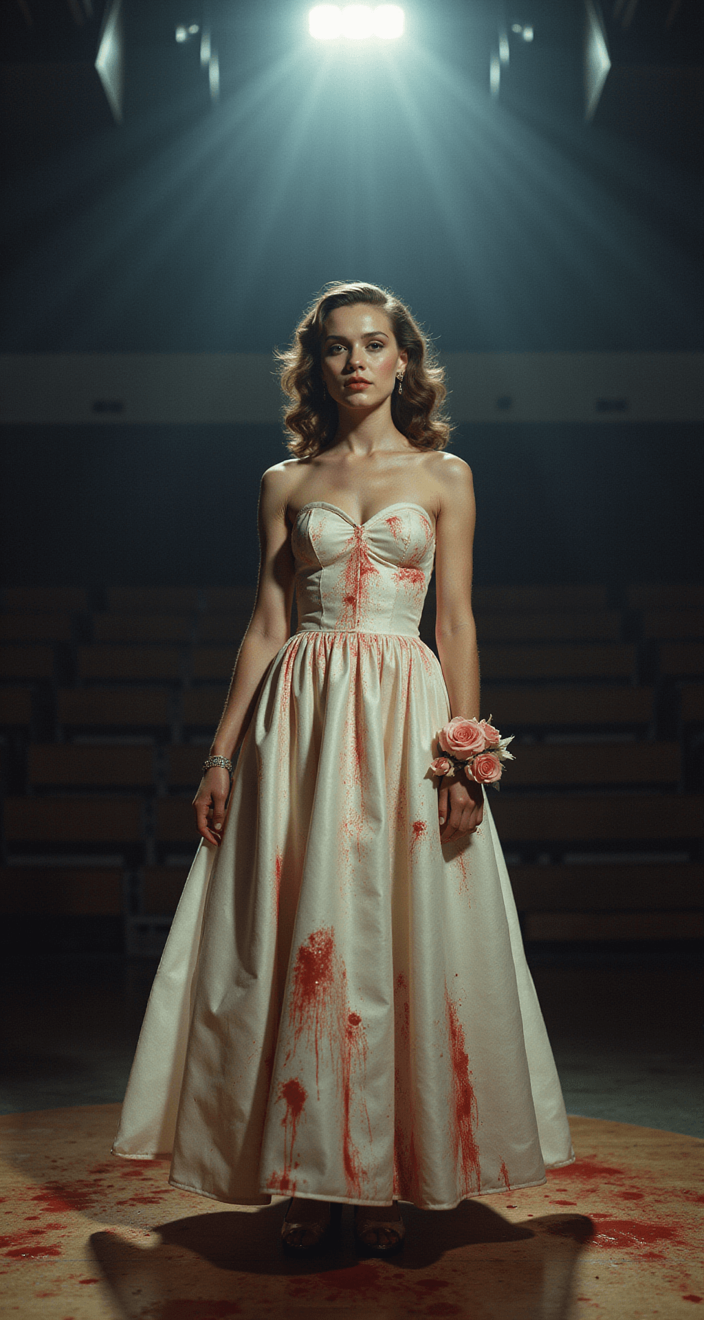 Nailing Your Carrie Halloween Costume (Without Breaking the Bank!) A young woman in a vintage white prom dress with a sweetheart neckline stands under a dramatic overhead spotlight in a dimly lit gymnasium, showcasing intricate blood splatter effects on the dress. Her hair is styled in classic 70s waves, and she wears subtle makeup with a haunting pale complexion. A corsage of delicate pink roses stained with crimson adorns her wrist, while the low-angle shot creates an imposing silhouette against the dark background, emphasizing the texture of the blood-soaked fabric and its glistening effect.