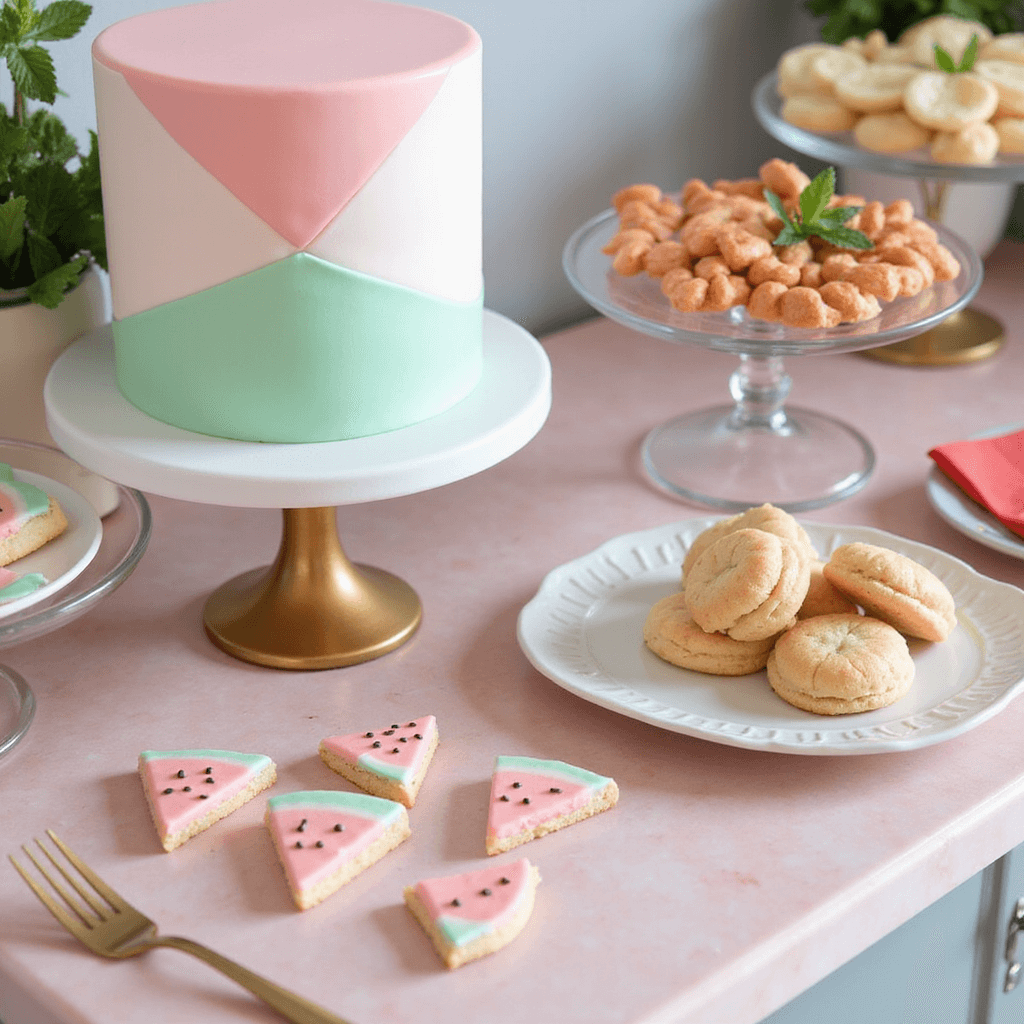 First Birthday Party Magic: The Ultimate Guide to Capturing Your Little One's Milestone Close-up of a pastel pink marble sweets station featuring a contemporary watermelon-themed cake in pink, mint green, and white, surrounded by coordinating desserts. Gold serving pieces and modern acrylic stands are styled with fresh mint sprigs, with soft lighting enhancing the luxe details. Watermelon-shaped cookies and fruit-inspired paper goods complete the vibrant scene.