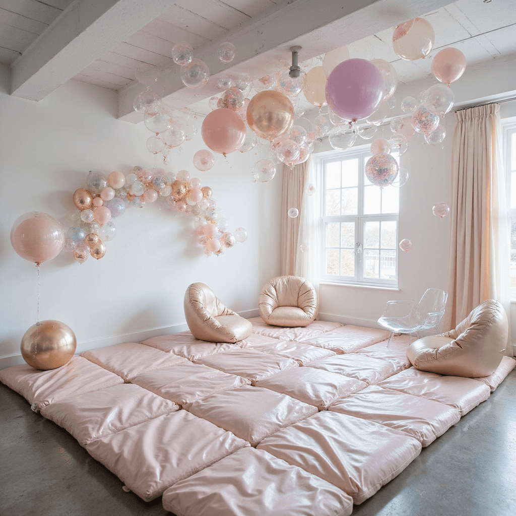 First Birthday Party Magic: The Ultimate Guide to Capturing Your Little One's Milestone Wide-angle view of a 'Bubble Bonanza' setup featuring iridescent balloon installations, a central play area with pearl-toned cushions and acrylic bubble chairs, metallic accents, and bubble machines, all enhanced by soft tulle drapery in a modern white-walled space.