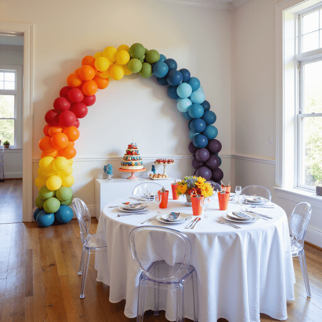 First Birthday Party Magic: The Ultimate Guide to Capturing Your Little One's Milestone Dynamic celebration scene featuring a dramatic ombré rainbow balloon arch against a white wall, with a modern dessert display, acrylic ghost chairs under white silk-draped tables, and bold primary color centerpieces; vibrant atmosphere highlighted by natural light and activity stations in coordinating colors.